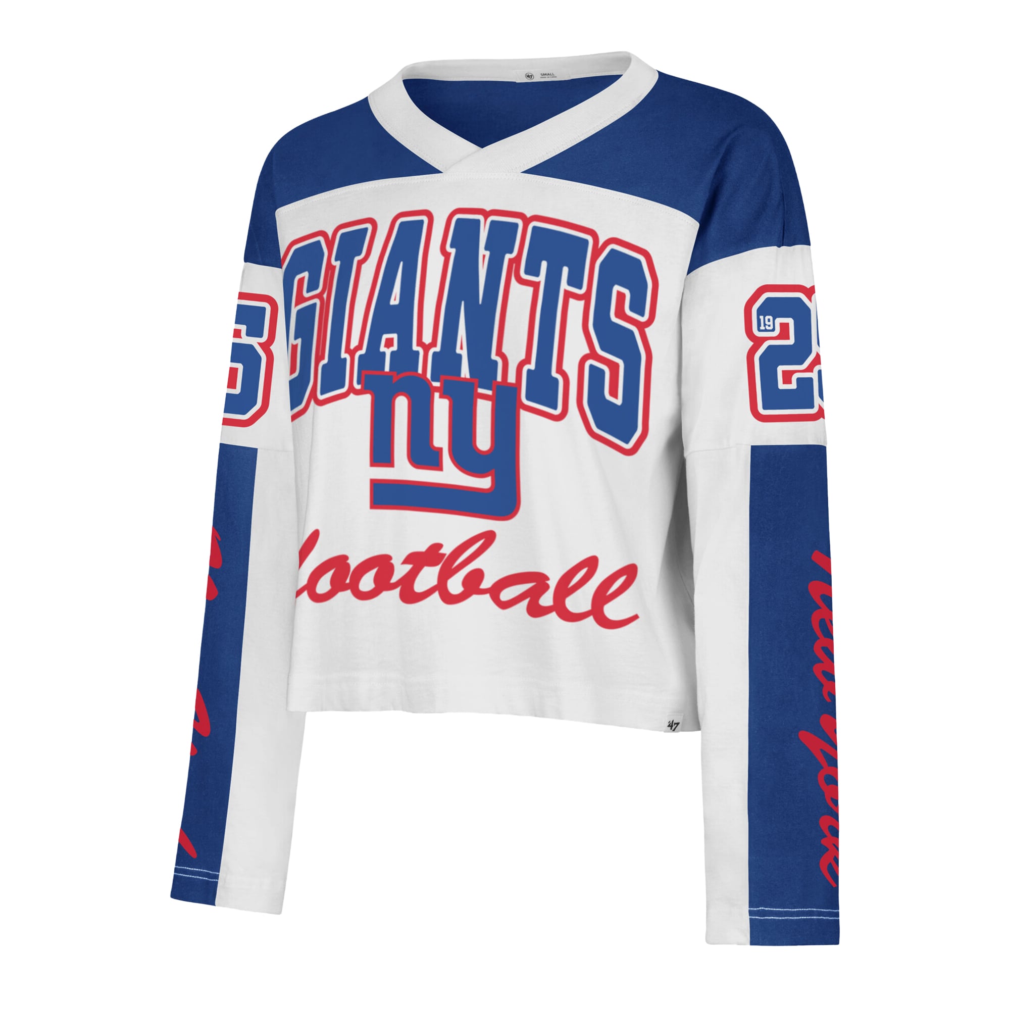 T-shirt à manches longues et col en V blanc New York Giants '47 pour femme
