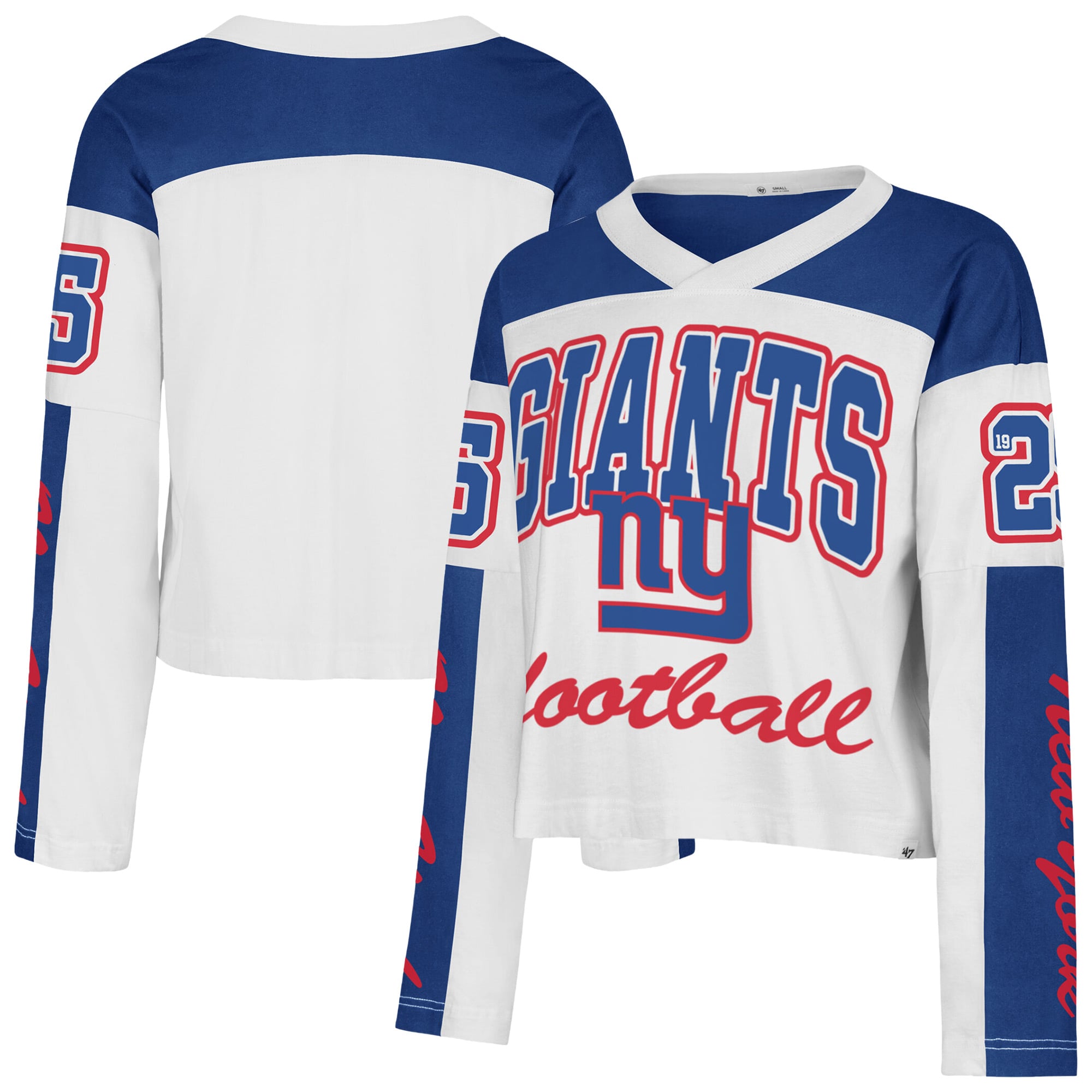 T-shirt à manches longues et col en V blanc New York Giants '47 pour femme