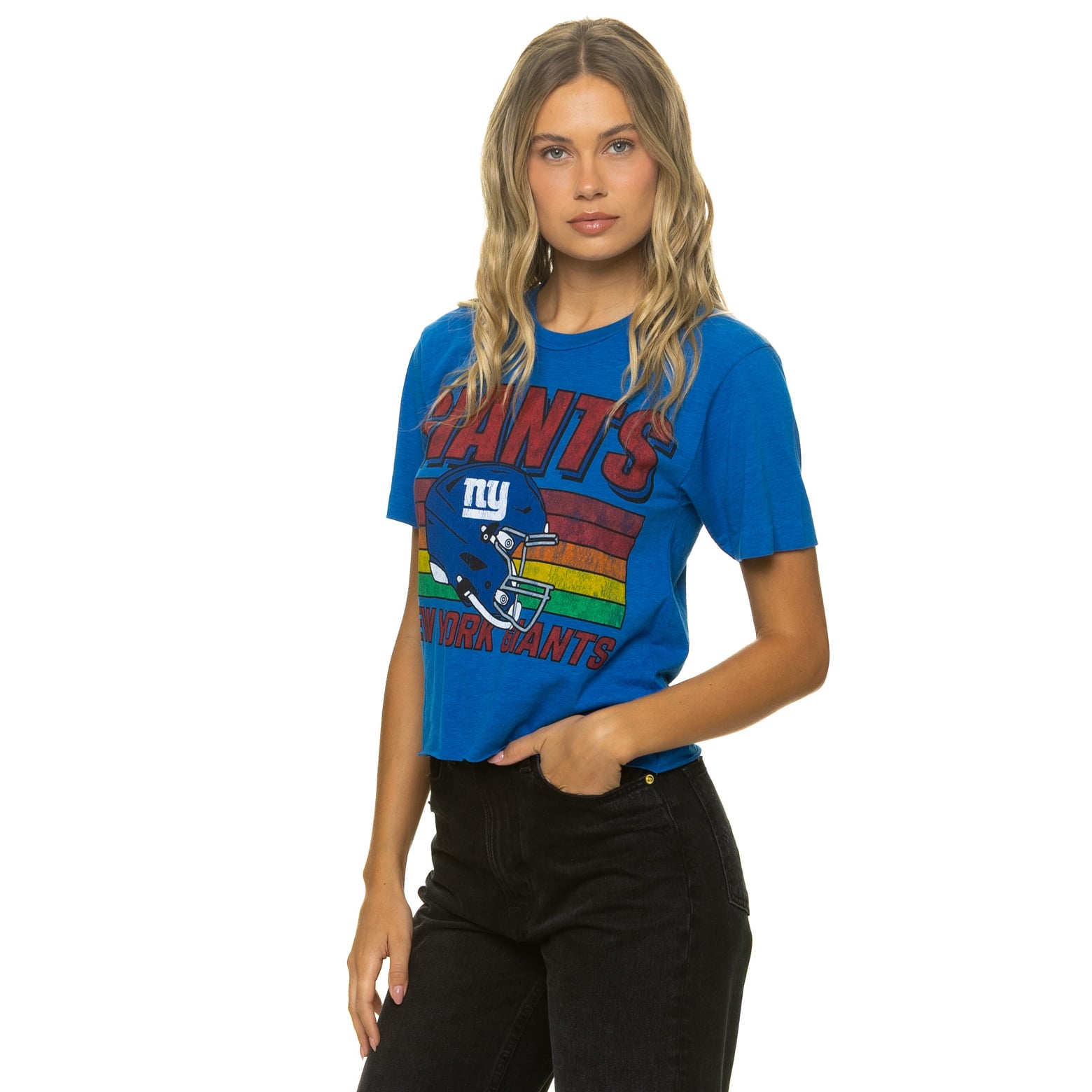 T-shirt Aviator Nation Royal New York Giants pour femme, coupe carrée, style boyfriend, en mélange de trois matières