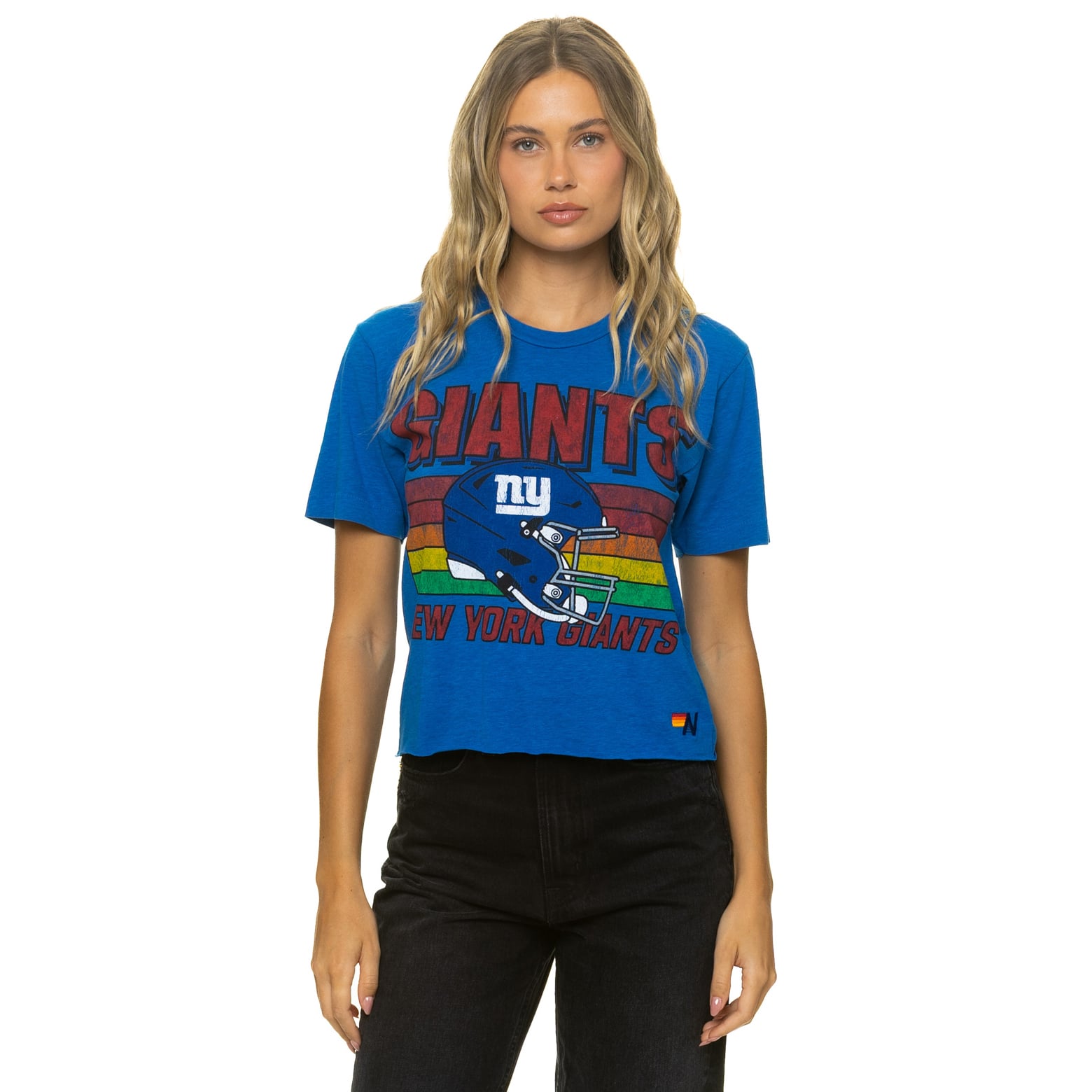 T-shirt Aviator Nation Royal New York Giants pour femme, coupe carrée, style boyfriend, en mélange de trois matières