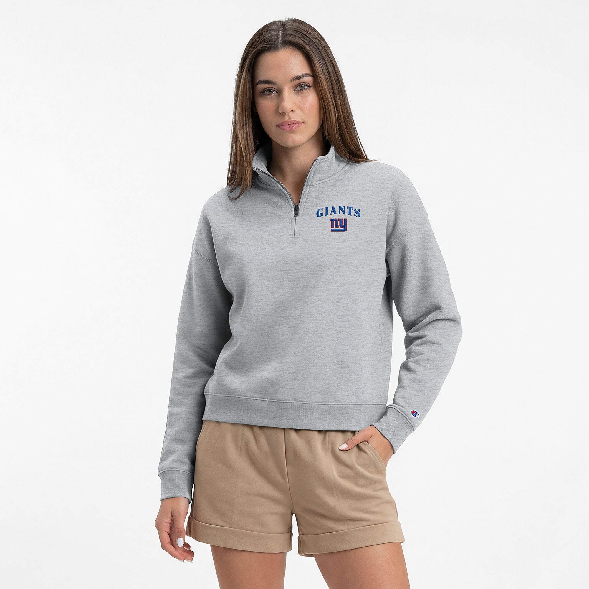 Sweat-shirt à col zippé Champion gris chiné pour femme, New York Giants, Powerblend