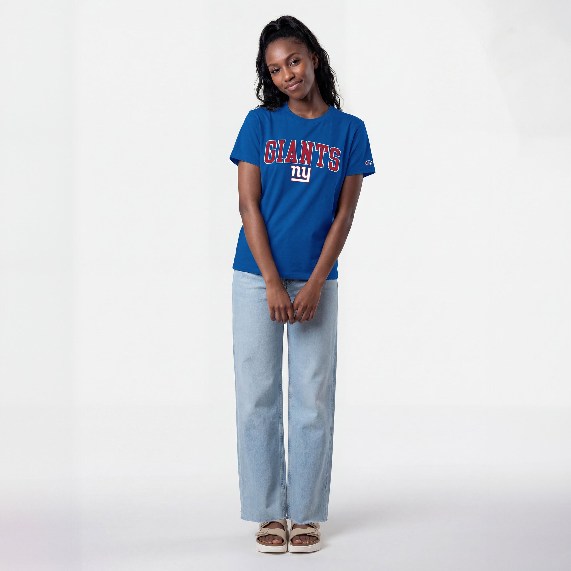 T-shirt Champion Royal New York Giants pour femmes avec logo arqué