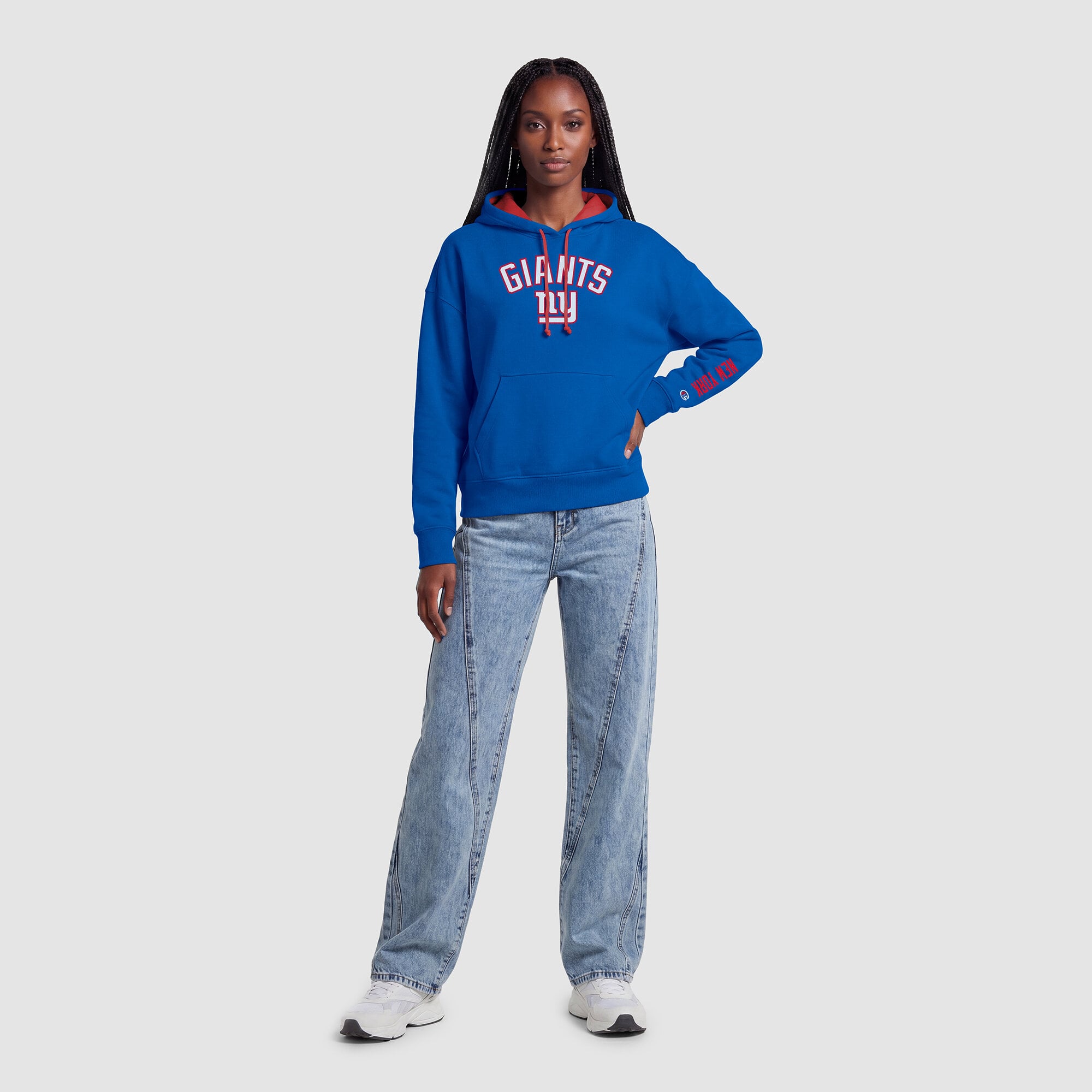 Sweat à capuche Champion pour femme, bleu royal/rouge, New York Giants, doublure contrastée