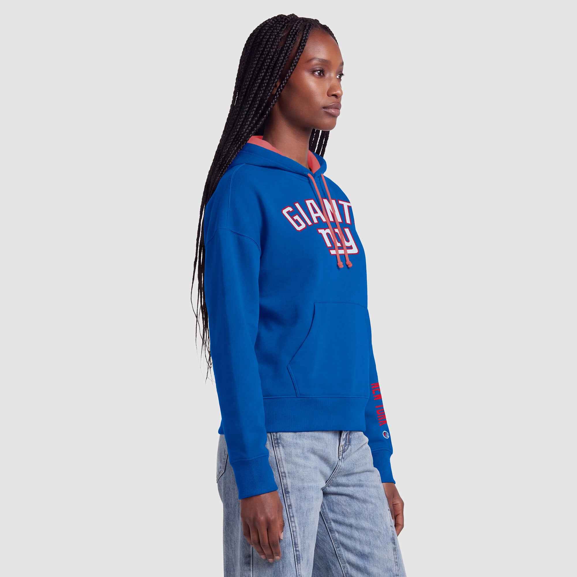Sweat à capuche Champion pour femme, bleu royal/rouge, New York Giants, doublure contrastée