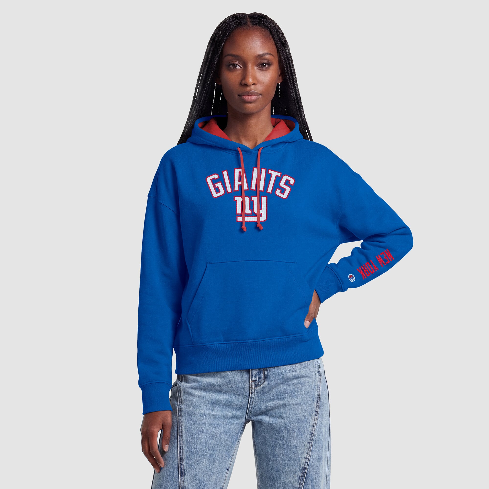 Sweat à capuche Champion pour femme, bleu royal/rouge, New York Giants, doublure contrastée