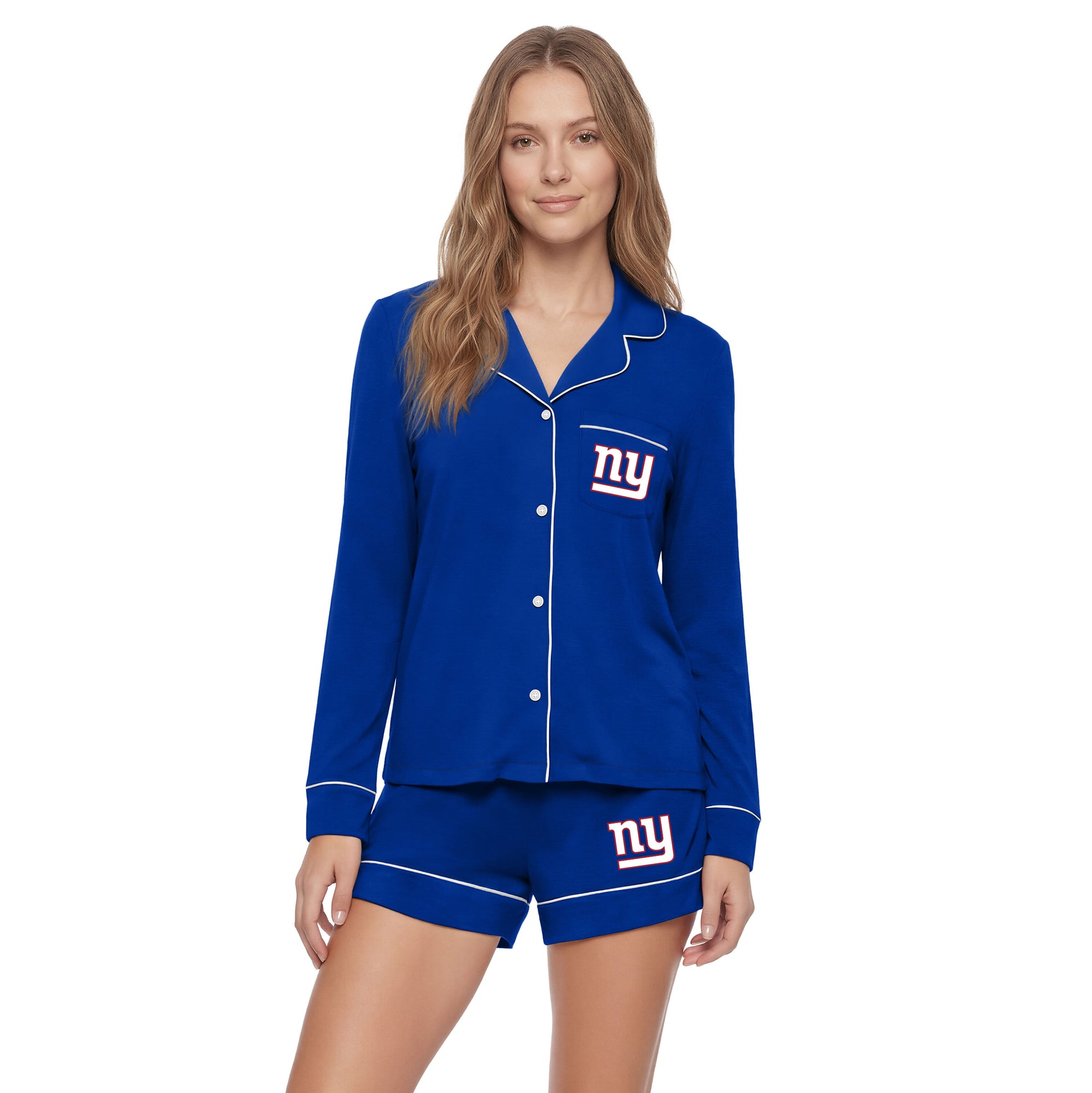 Women's Concepts Sport  Royal New York Giants Medley Long Sleeve Button-Up and Shorts Sleep Set