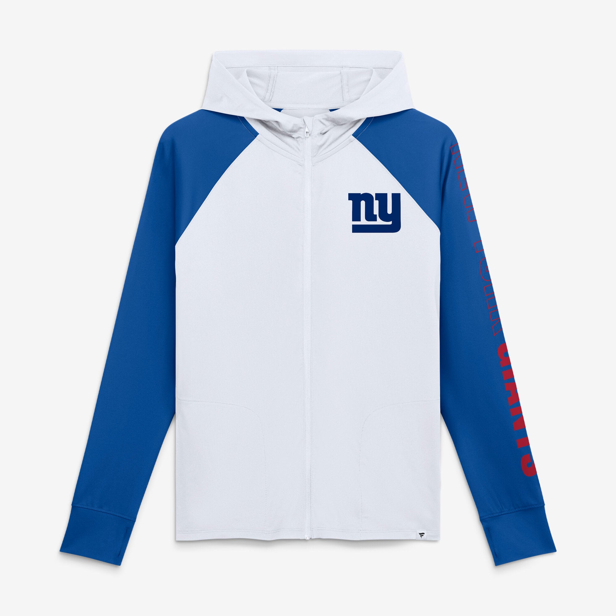 Sweat à capuche zippé raglan Fanatics blanc/bleu roi New York Giants Cornerback Blitz pour femme