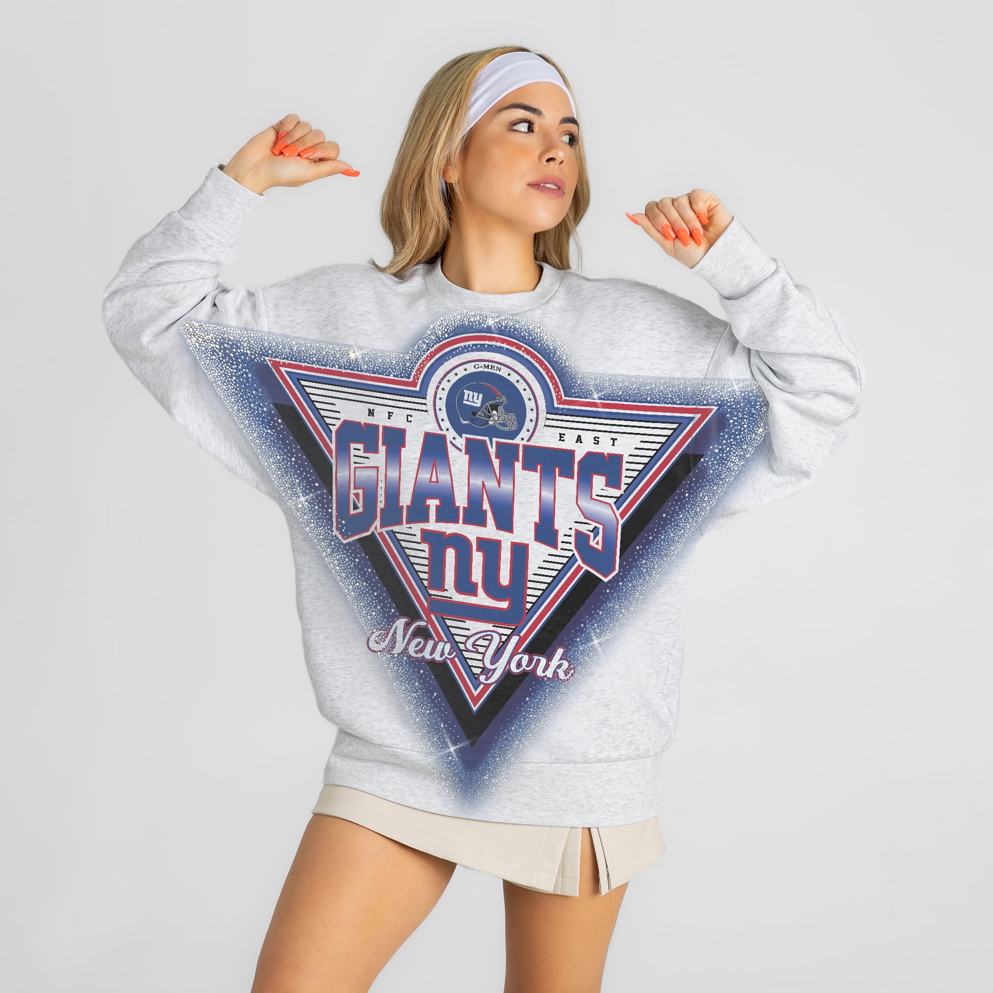 Women's Gameday Couture Ash New York Giants Chasing Victory Rhinestone Spray Oversized Fleece Sweatshirt