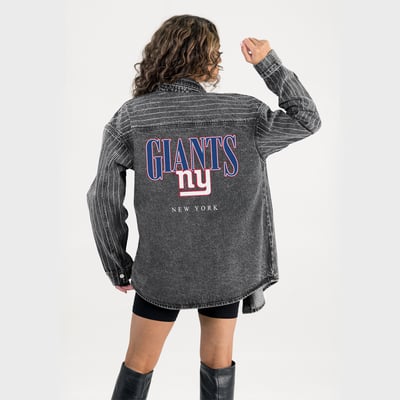  New York Giants Gameday Couture Women's End Zone Energy Rhinestone Washed Full-Snap Denim Overshirt - Black