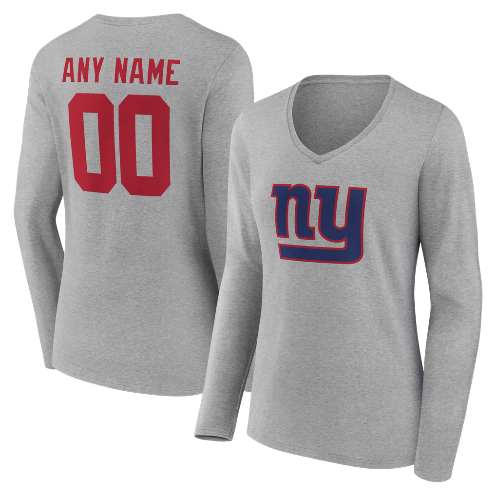 T-shirt à manches longues et col en V gris, authentique et personnalisé avec nom et numéro, de l'équipe féminine des New York Giants