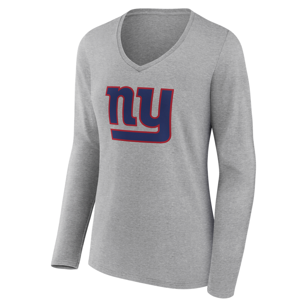 T-shirt à manches longues et col en V gris, authentique et personnalisé avec nom et numéro, de l'équipe féminine des New York Giants