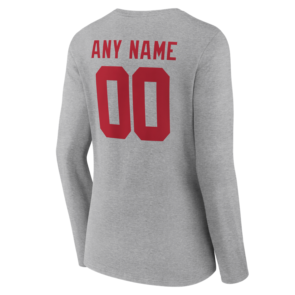 T-shirt à manches longues et col en V gris, authentique et personnalisé avec nom et numéro, de l'équipe féminine des New York Giants