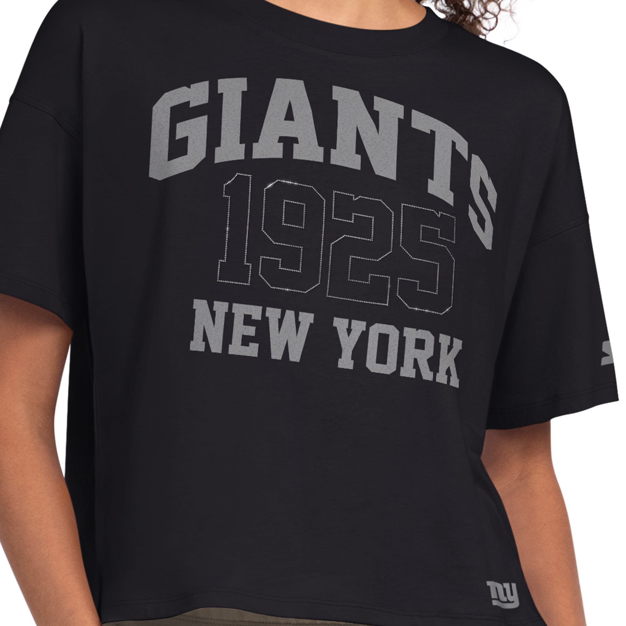 T-shirt court à strass Starter noir pour femme, New York Giants