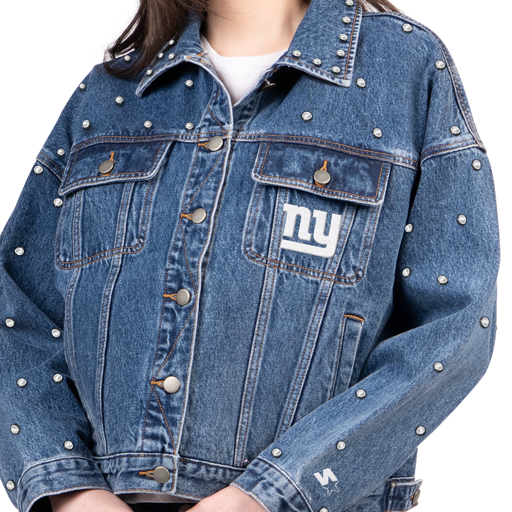 Veste en jean Starter Denim New York Giants Pearl Icon à boutons pour femme