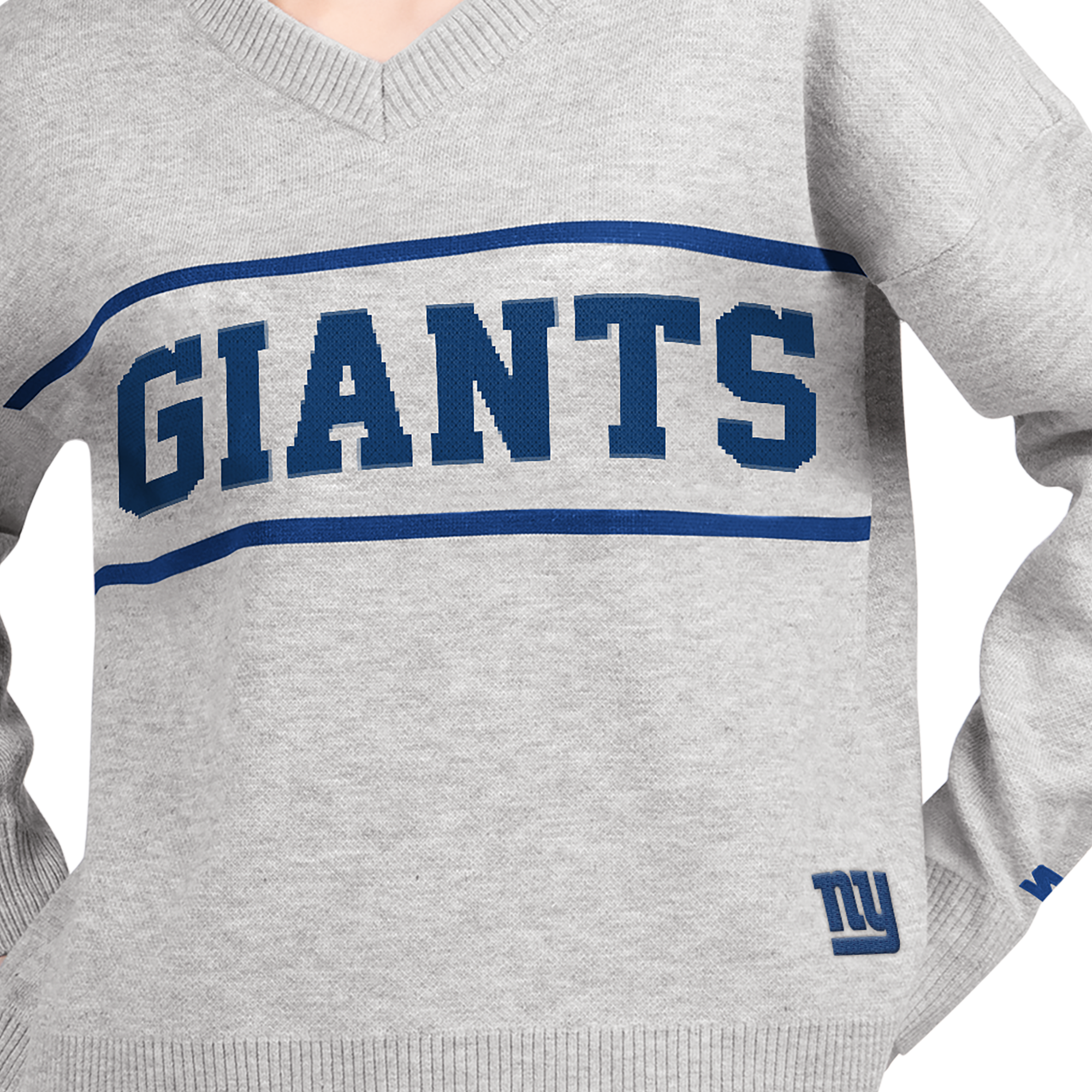 Pull à col en V gris Starter pour femme, motif « Meilleur tir » des Giants de New York