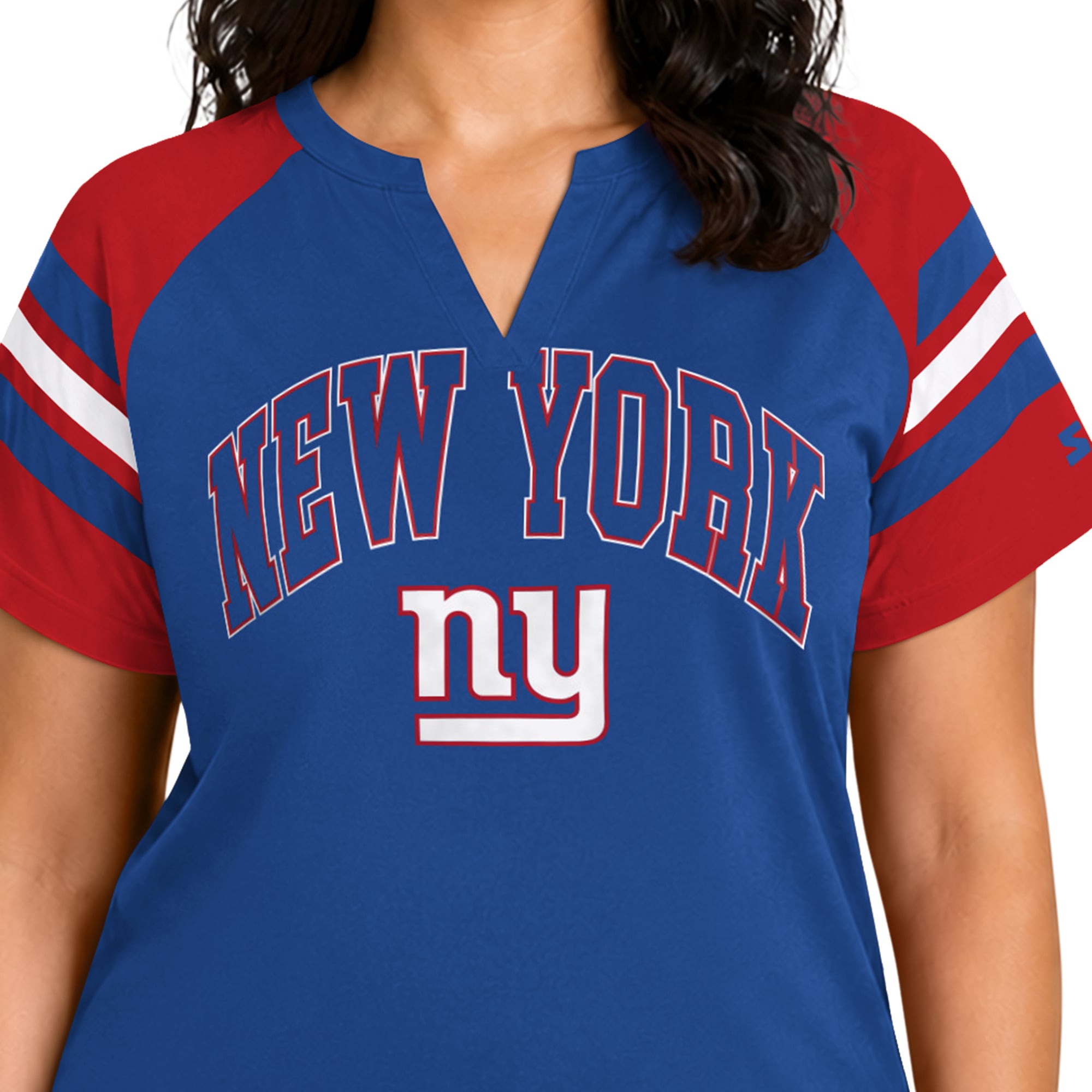 T-shirt raglan à col cranté Starter Royal New York Giants pour femme, grande taille