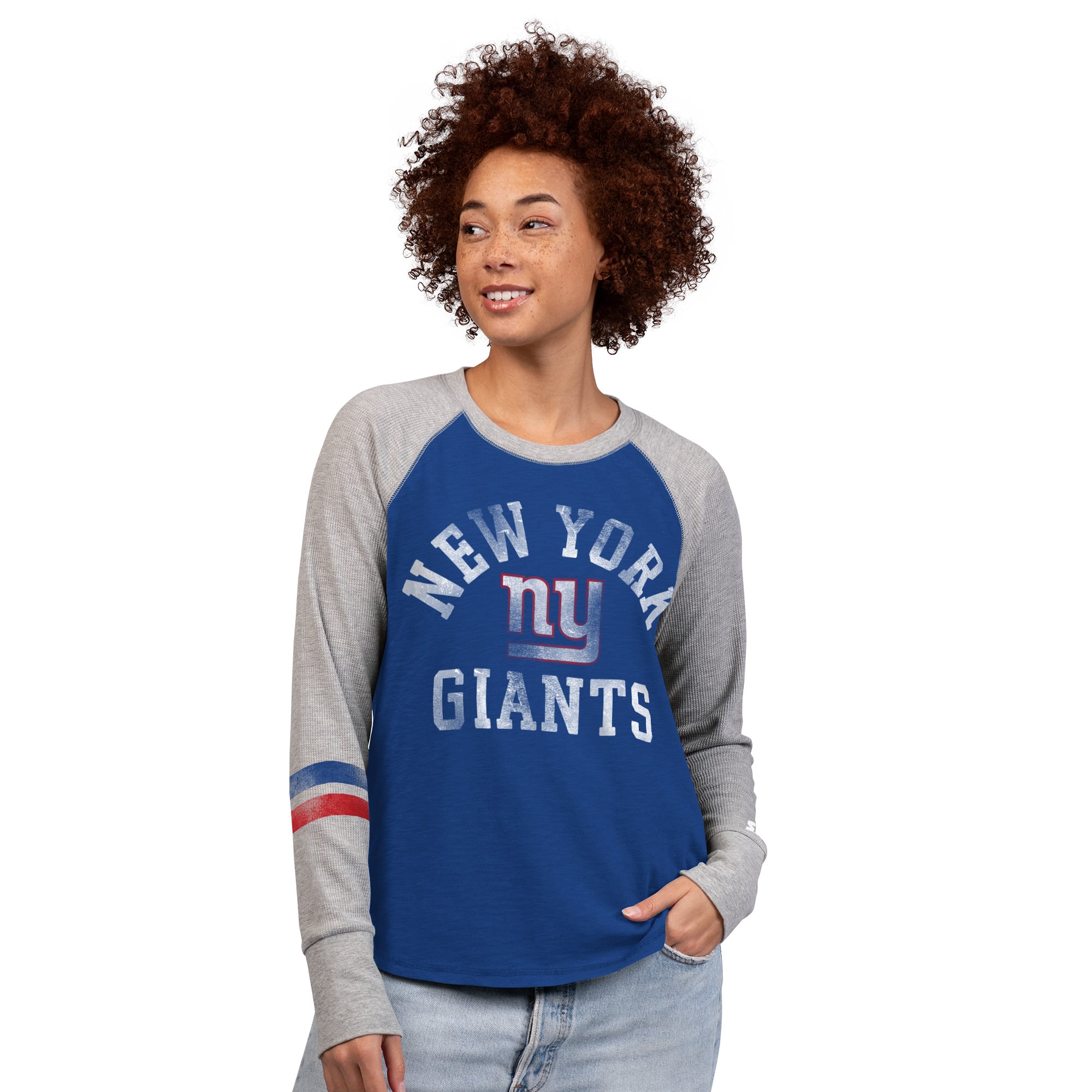 T-shirt à manches longues raglan en maille gaufrée Starter Royal/Gris New York Giants pour femmes