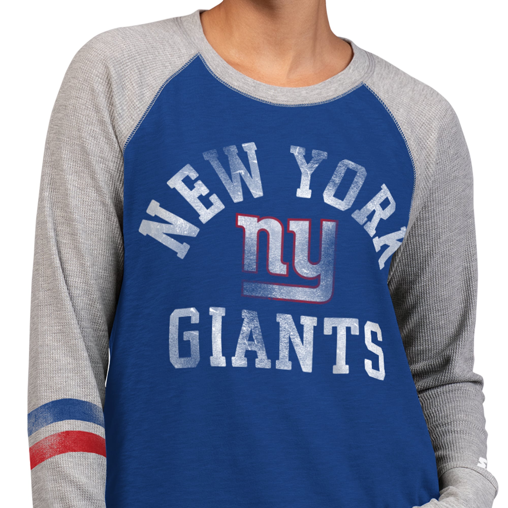 T-shirt à manches longues raglan en maille gaufrée Starter Royal/Gris New York Giants pour femmes