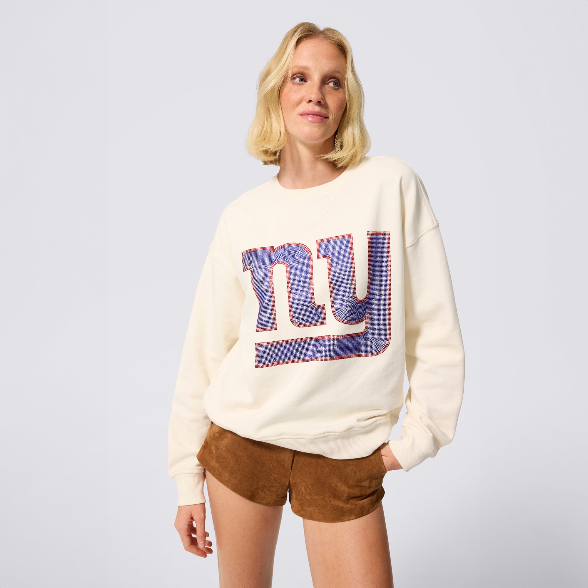 Pull Terez crème pour femme avec logo en pierre précieuse des Giants de New York