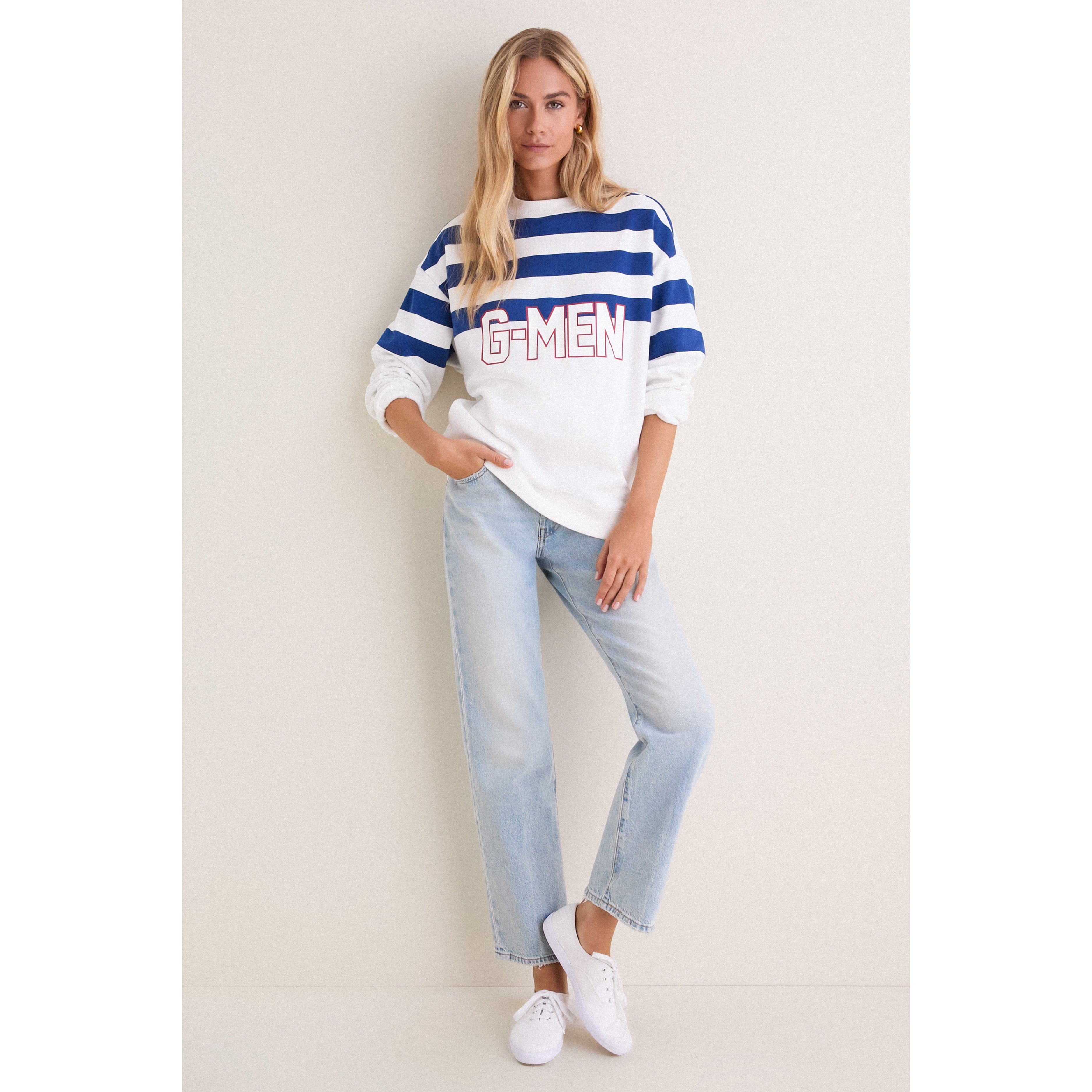 Sweat-shirt rayé blanc et bleu des Giants de New York pour femme Tuckernuck
