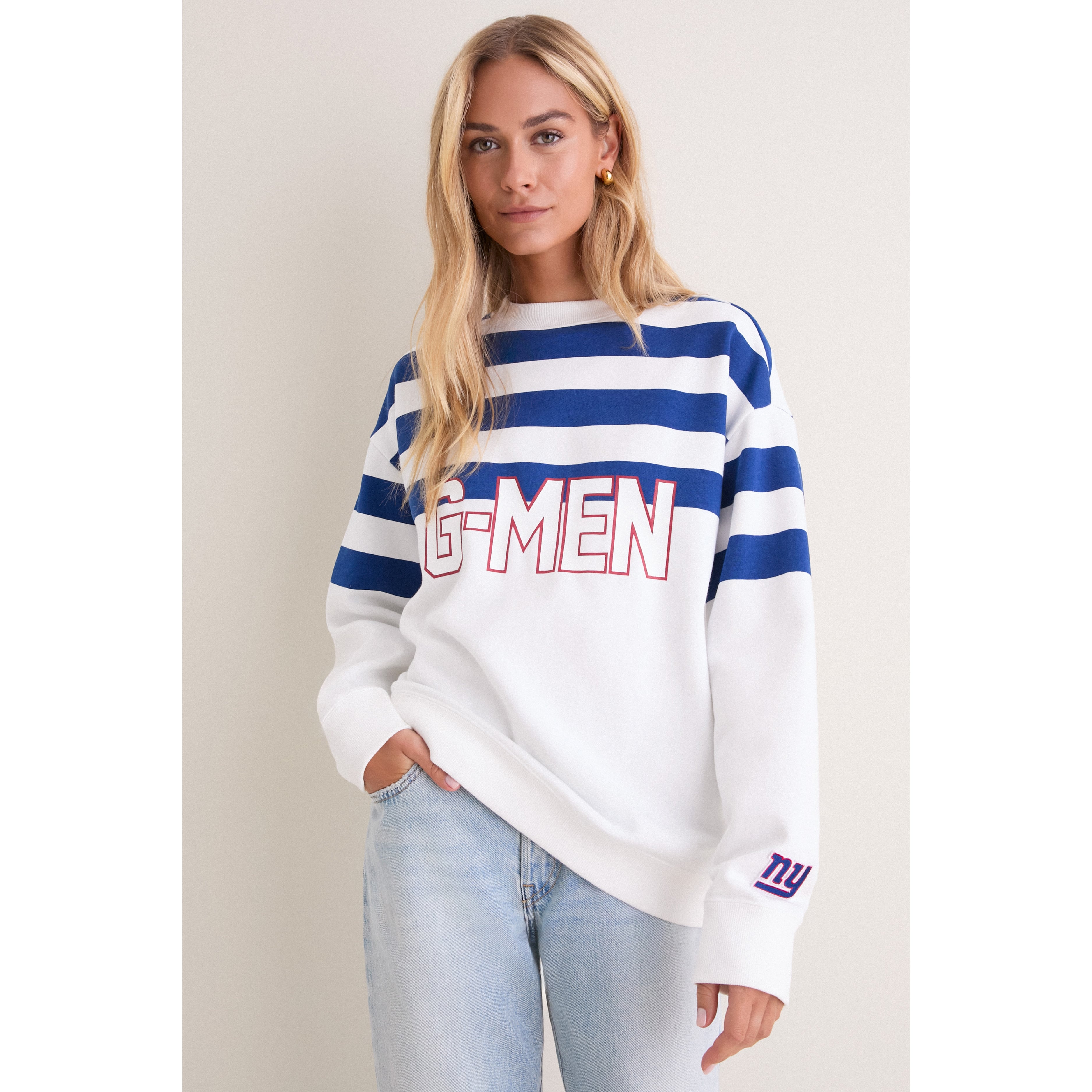 Sweat-shirt rayé blanc et bleu des Giants de New York pour femme Tuckernuck