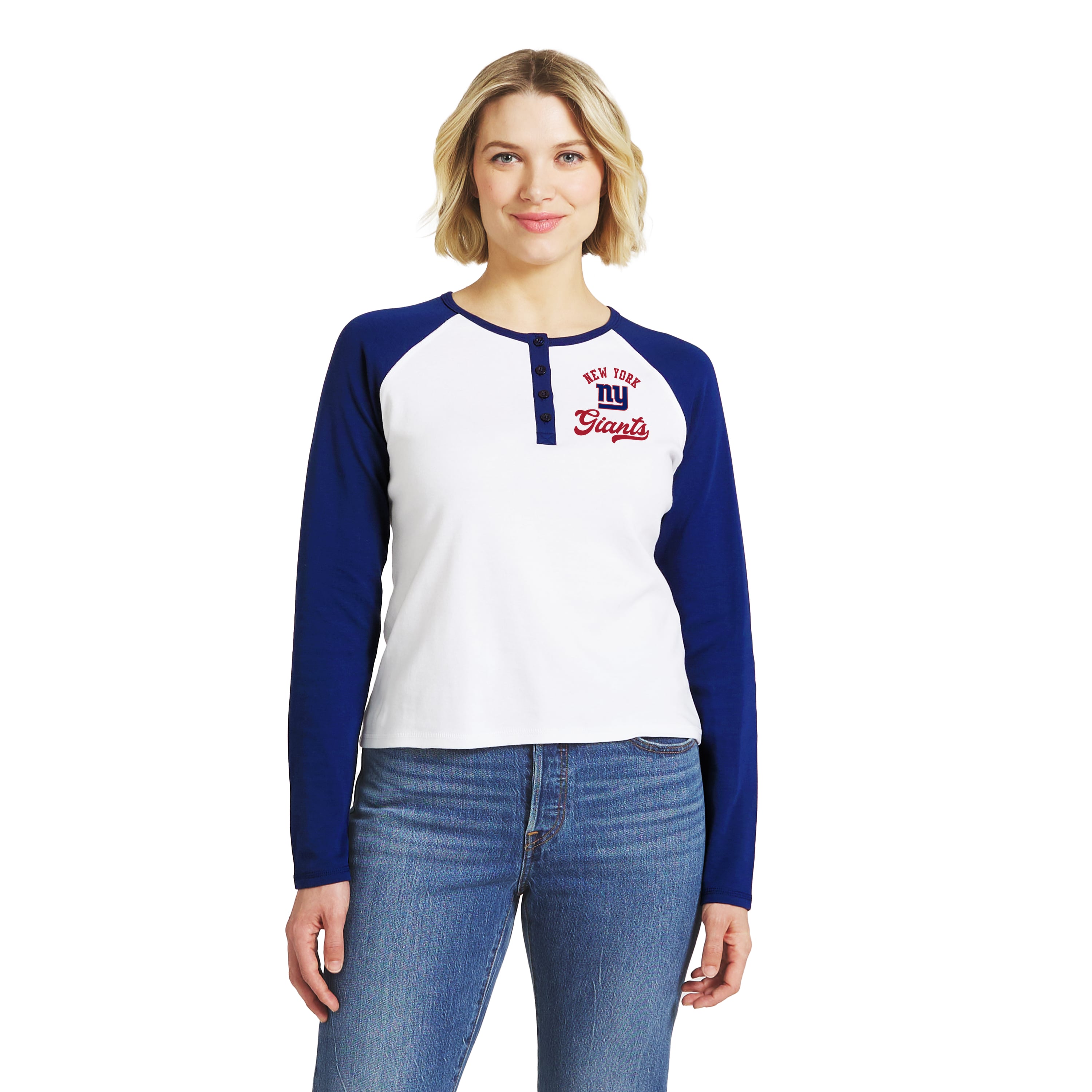 Women's WEAR by Erin Andrews White/Royal New York Giants Henley Long Sleeve Raglan T-Shirt