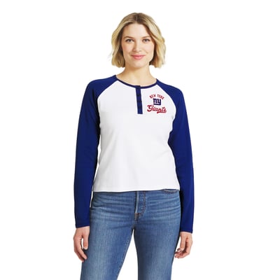  New York Giants WEAR by Erin Andrews Women's Henley Long Sleeve Raglan T-Shirt - White/Royal