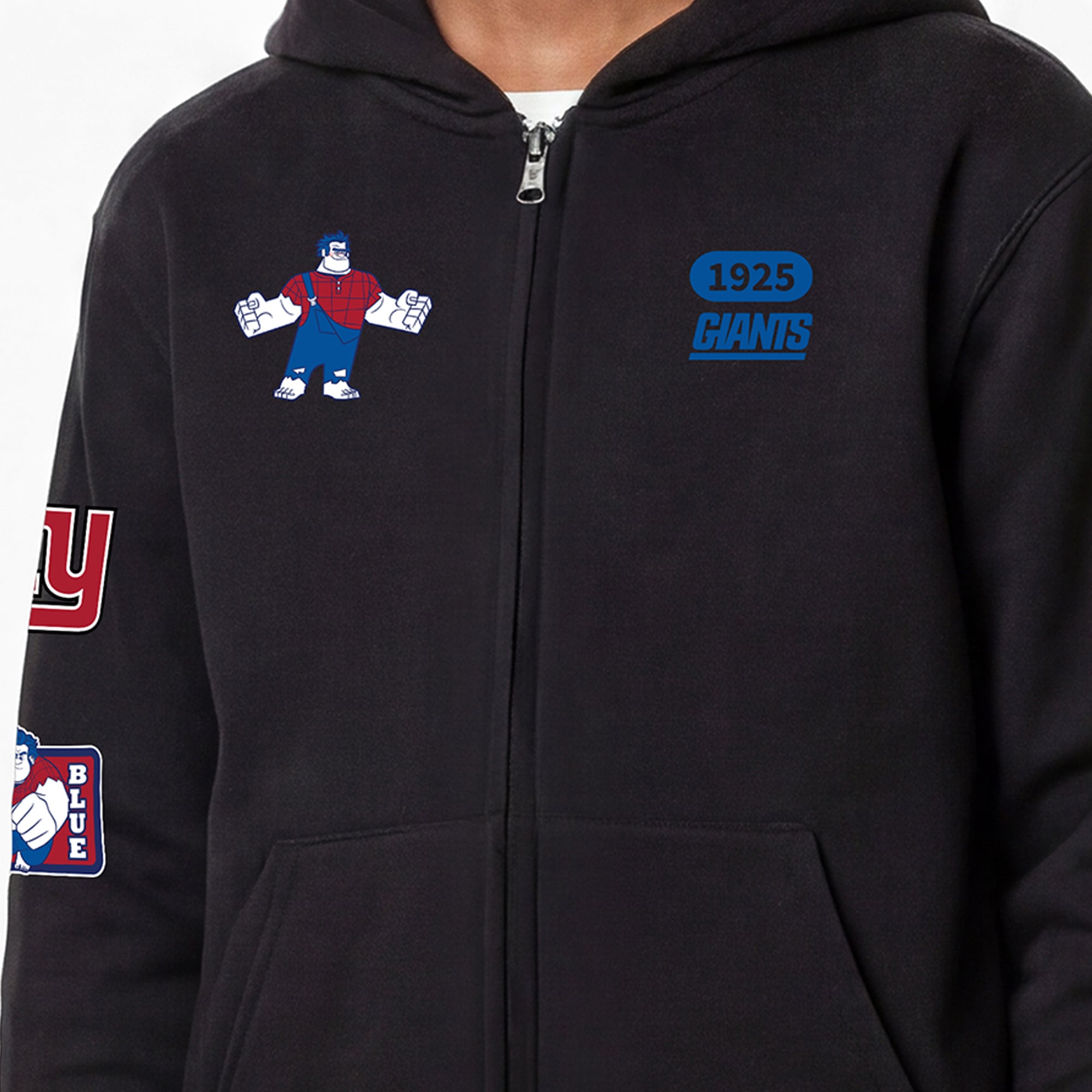 Sweat à capuche zippé Disney x Champion noir New York Giants pour jeunes, inspiré de Ralph la casse