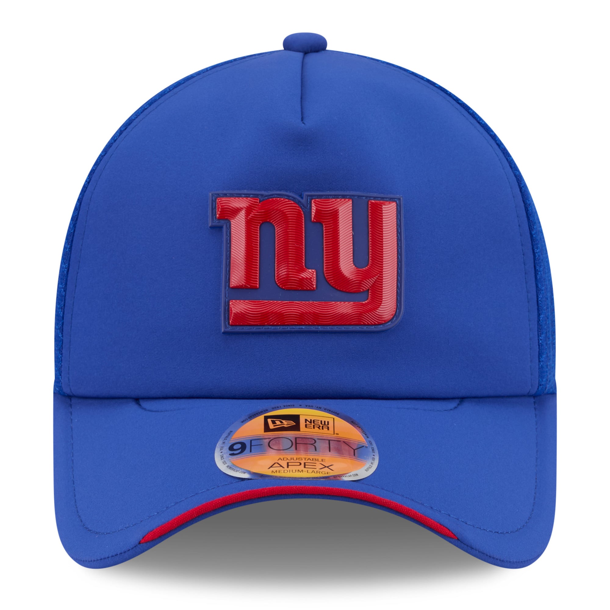 Youth New Era Royal New York Giants 2026 Sideline Apex 9FORTY Adjustable Trucker Hat