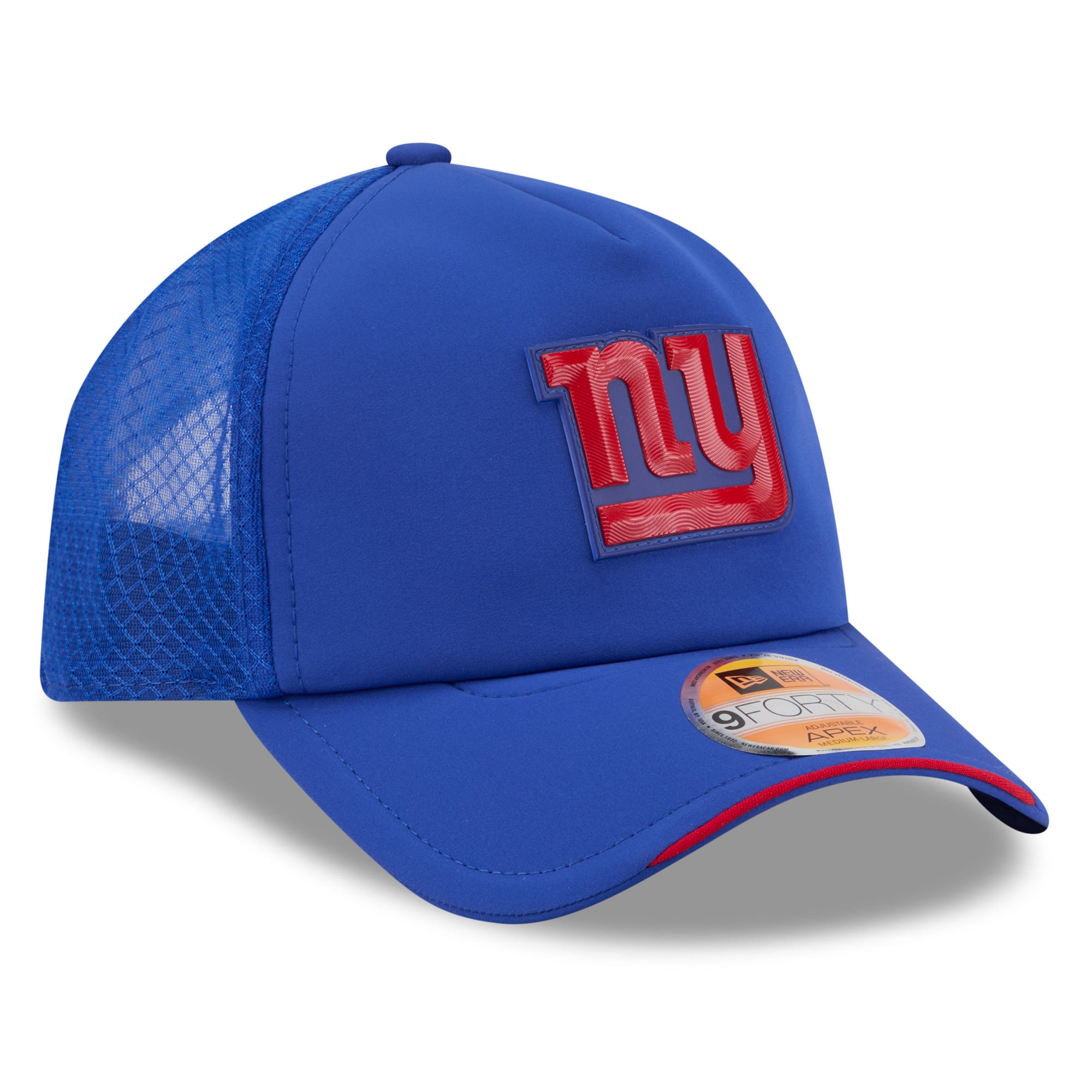 Youth New Era Royal New York Giants 2026 Sideline Apex 9FORTY Adjustable Trucker Hat