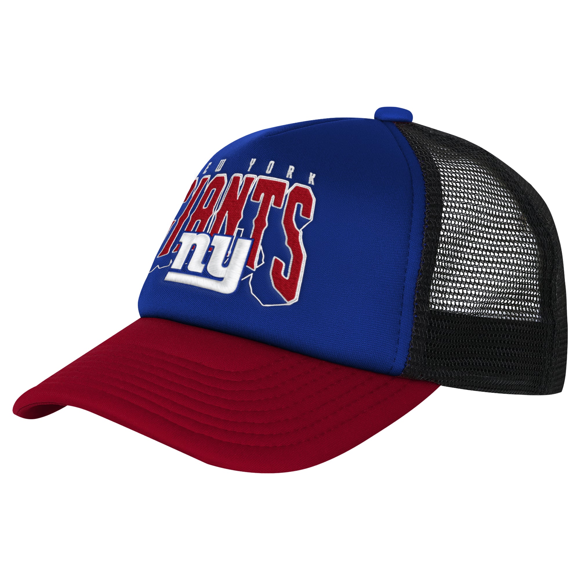 Casquette trucker ajustable en mousse, modèle Handoff, bleu royal/rouge, pour jeunes de la marque Outerstuff, New York Giants.