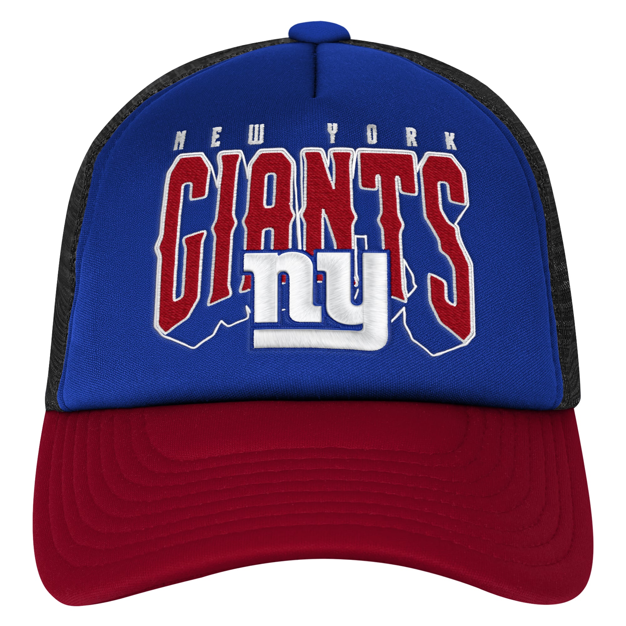 Casquette trucker ajustable en mousse, modèle Handoff, bleu royal/rouge, pour jeunes de la marque Outerstuff, New York Giants.