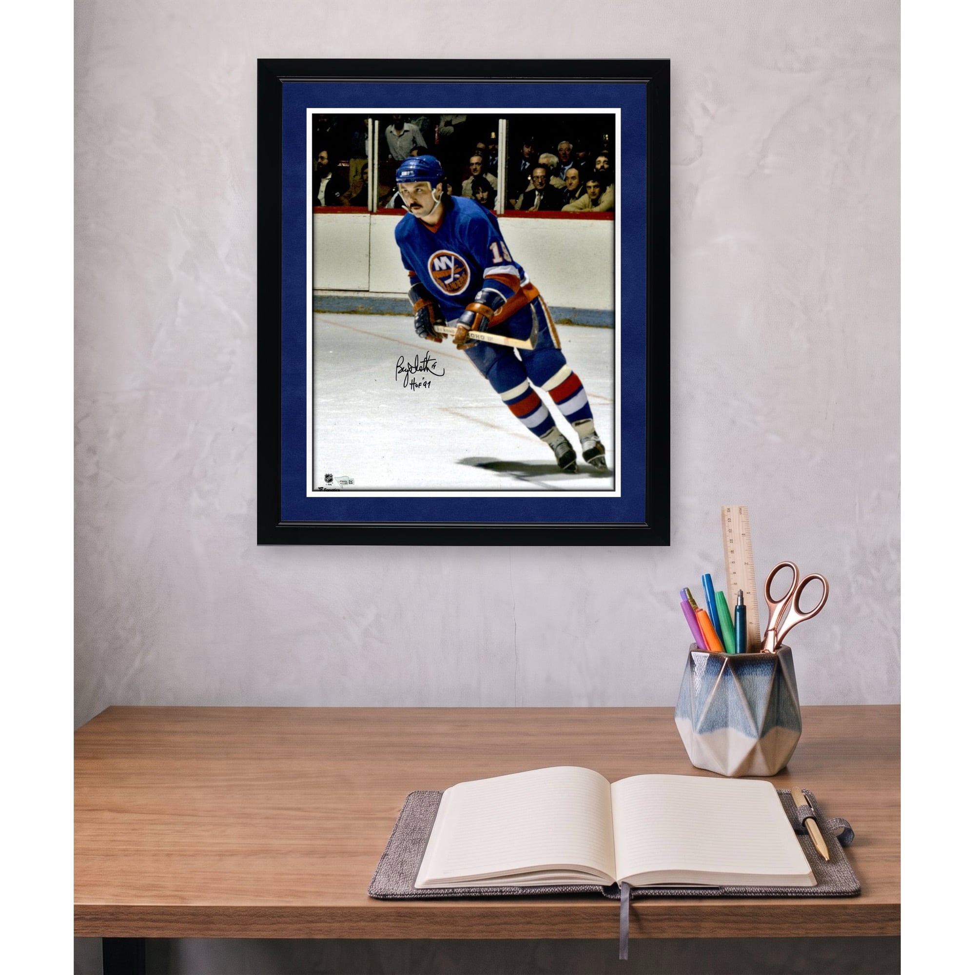 Bryan Trottier New York Islanders Autographed 16" x 20" Blue Jersey Skating Photograph with "HOF 97" Inscription