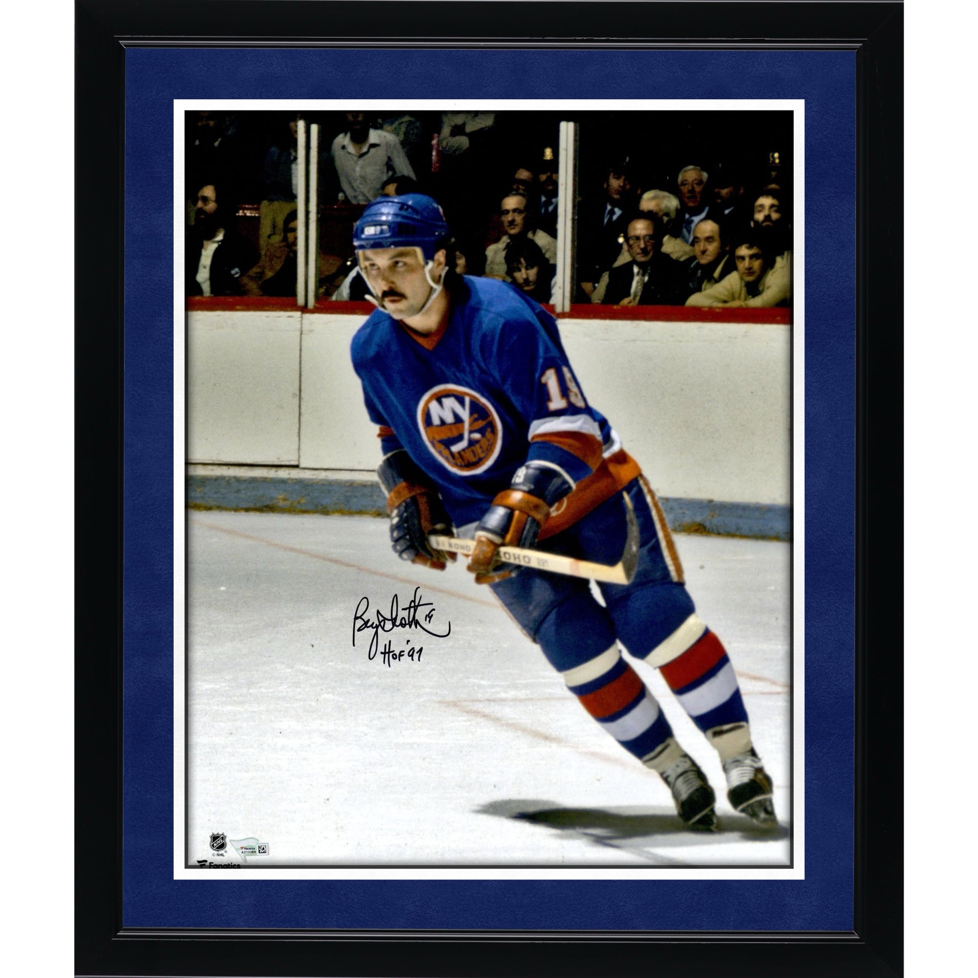 Bryan Trottier New York Islanders Autographed 16" x 20" Blue Jersey Skating Photograph with "HOF 97" Inscription