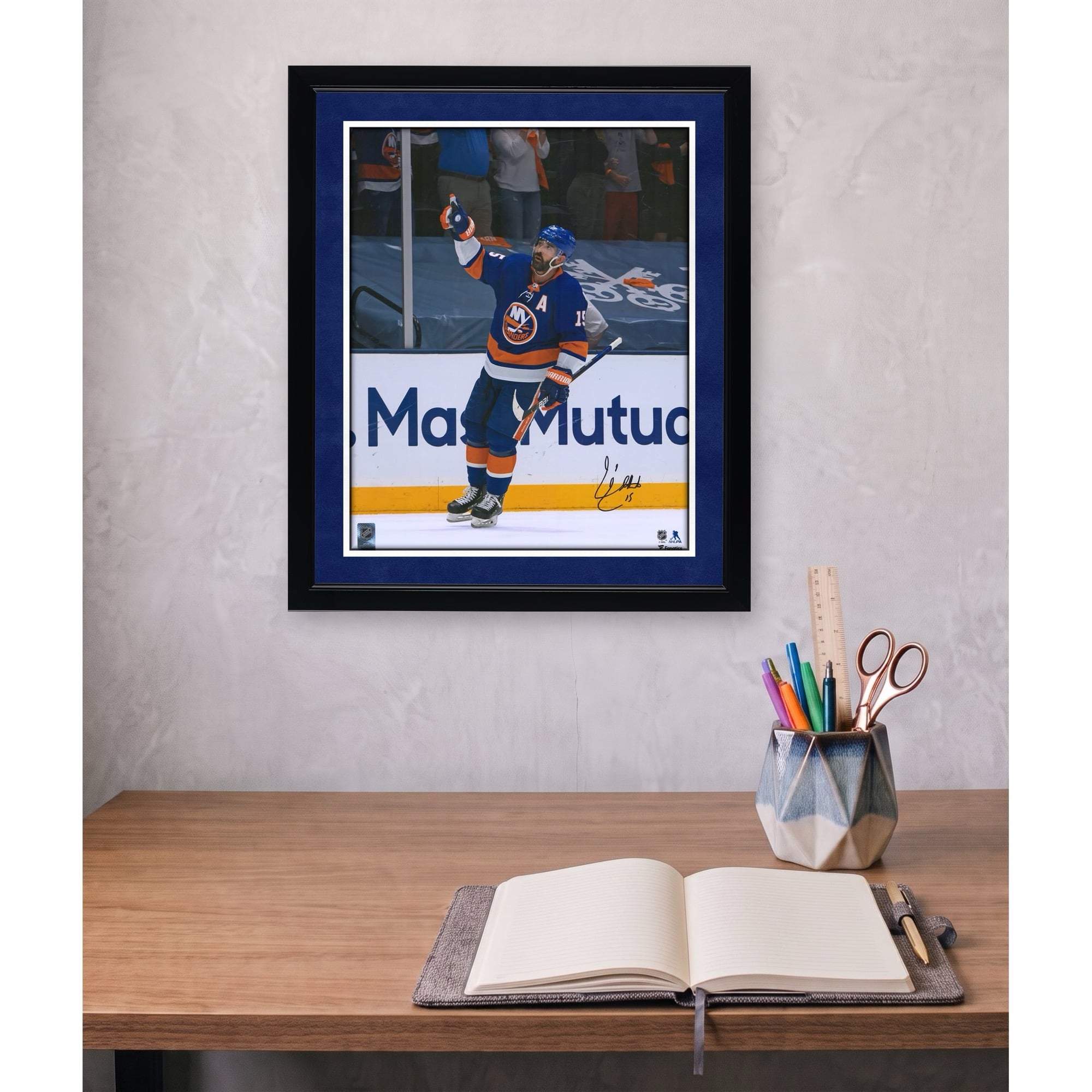 Cal Clutterbuck New York Islanders Autographed 16" x 20" Blue Jersey Celebration Photograph