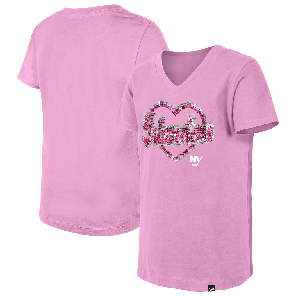 Girl's Youth New York Islanders  New Era Pink Flip Sequin V-Neck T-Shirt