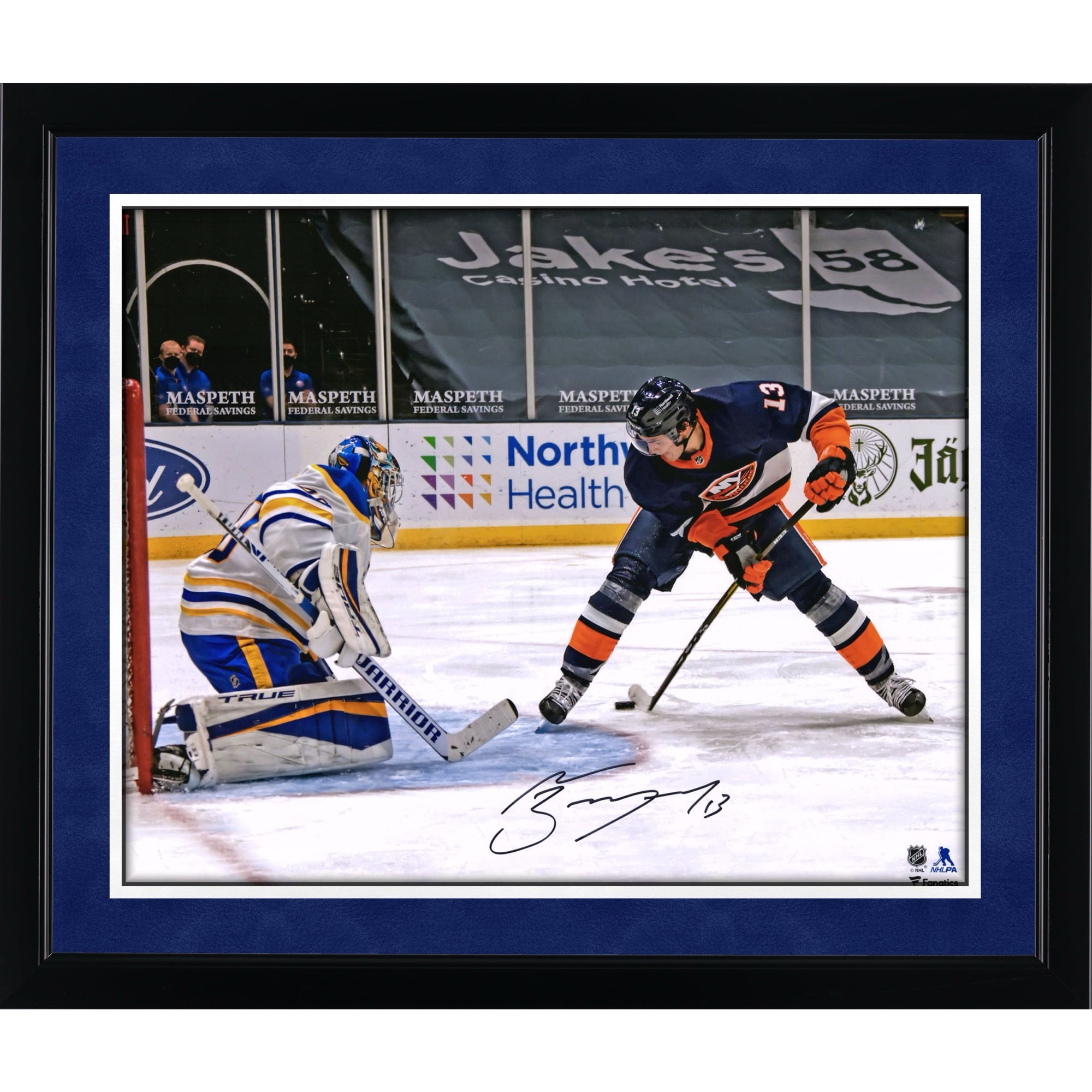 Mathew Barzal New York Islanders Autographed 16" x 20" Goal Between The Legs vs. Buffalo Sabres Photograph
