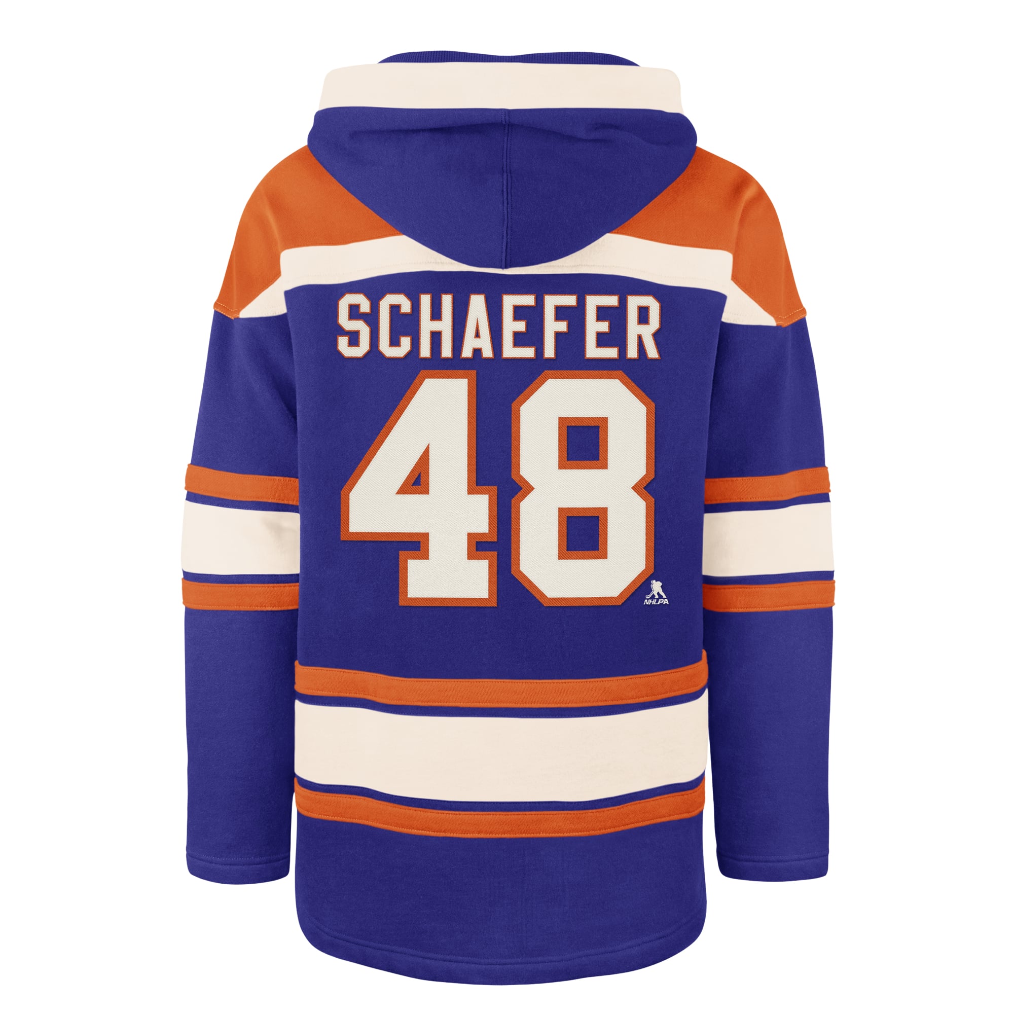 Sweat à capuche Lacer pour homme, modèle 47 Matthew Schaefer Royal, avec nom et numéro du joueur des Islanders de New York.