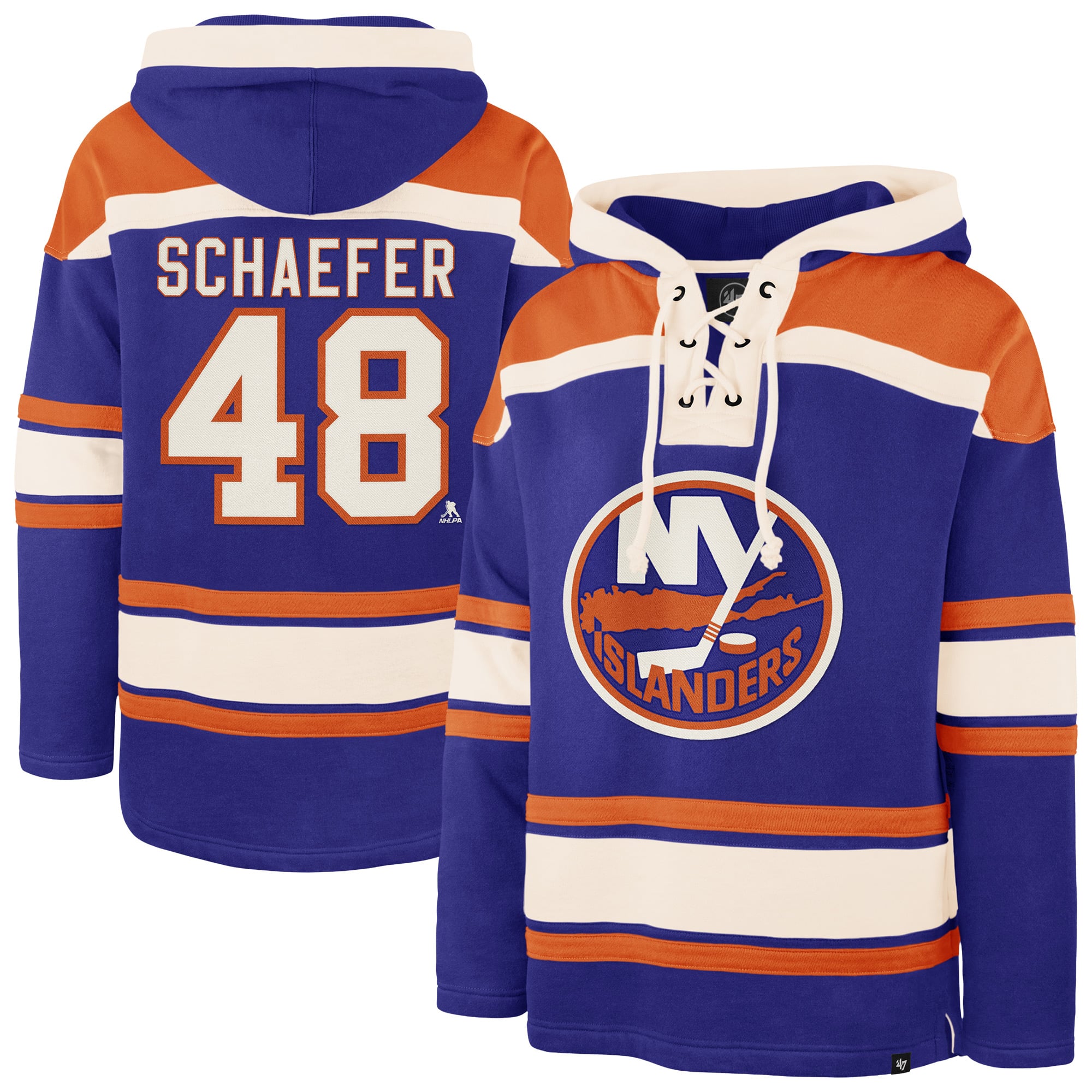 Sweat à capuche Lacer pour homme, modèle 47 Matthew Schaefer Royal, avec nom et numéro du joueur des Islanders de New York.