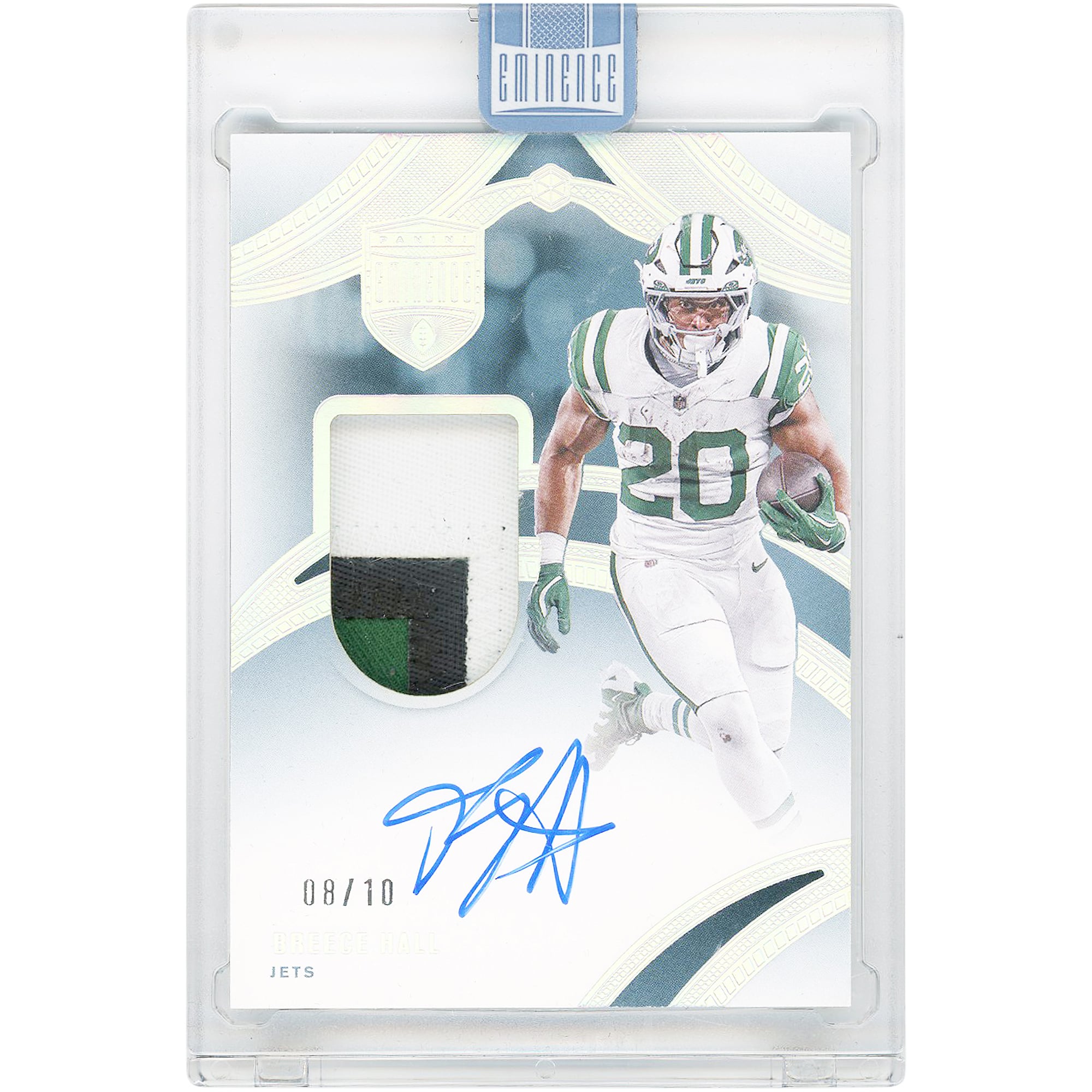 Breece Hall New York Jets Autographed 2024 Panini Eminence Tri-Color Game Used Relic #PA-BHL #8/10 Card