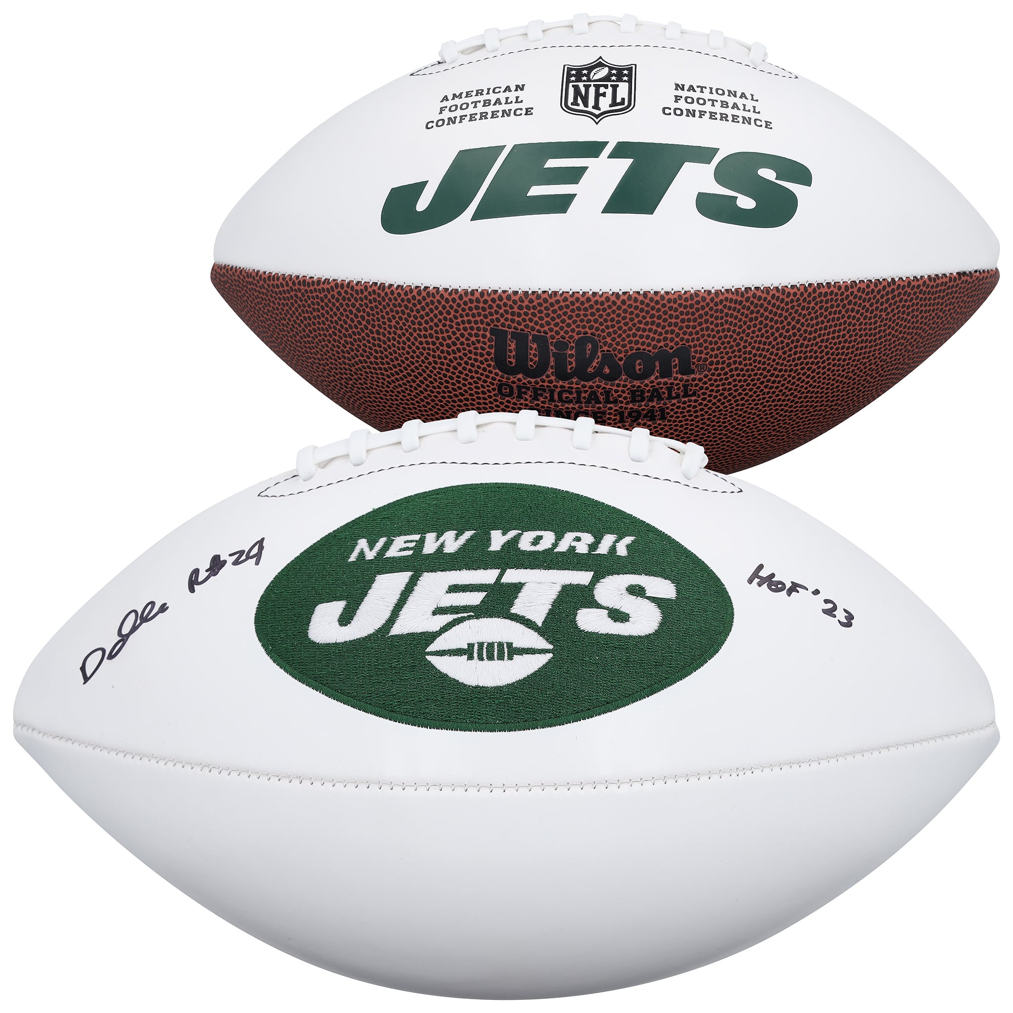 Ballon de football américain Wilson White Panel autographié par Darrelle Revis des New York Jets avec inscription « HOF 23 »