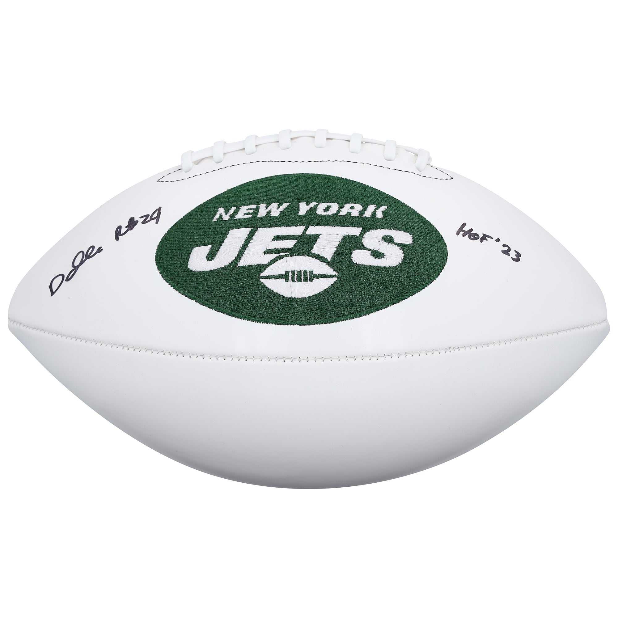 Ballon de football américain Wilson White Panel autographié par Darrelle Revis des New York Jets avec inscription « HOF 23 »