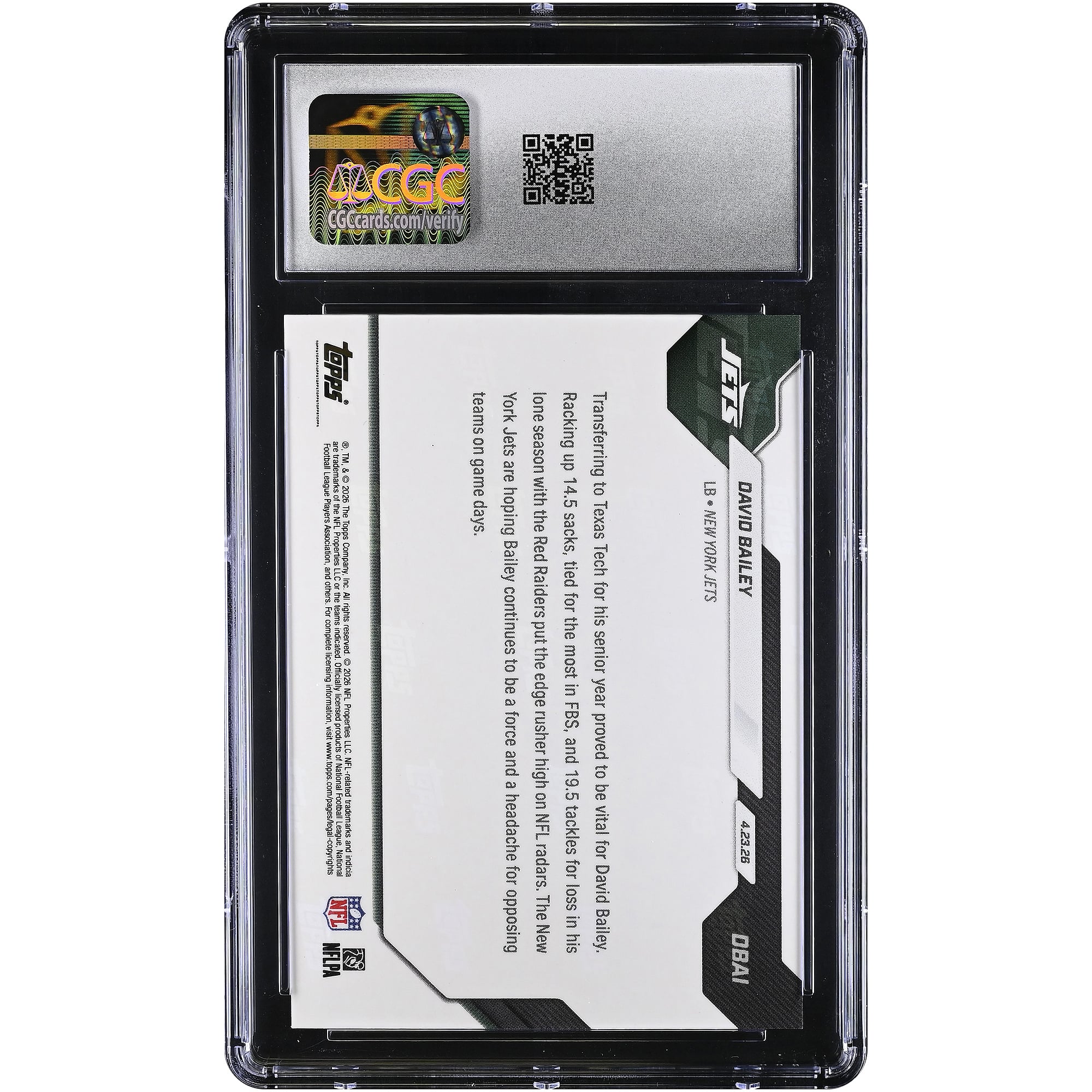 David Bailey New York Jets 2026 Topps Now Jets 2nd Overall '26 NFL Draft Selection Gold Foil #DBAI #/50 CGC Authenticated 7.5 Rookie Card