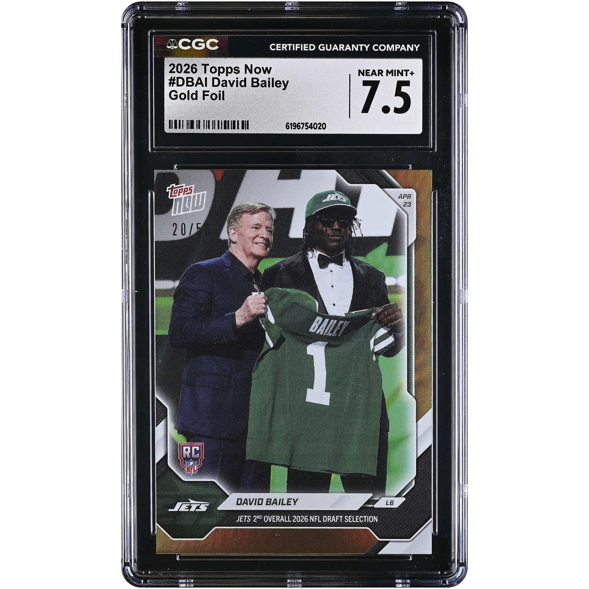 David Bailey New York Jets 2026 Topps Now Jets 2nd Overall '26 NFL Draft Selection Gold Foil #DBAI #/50 CGC Authenticated 7.5 Rookie Card