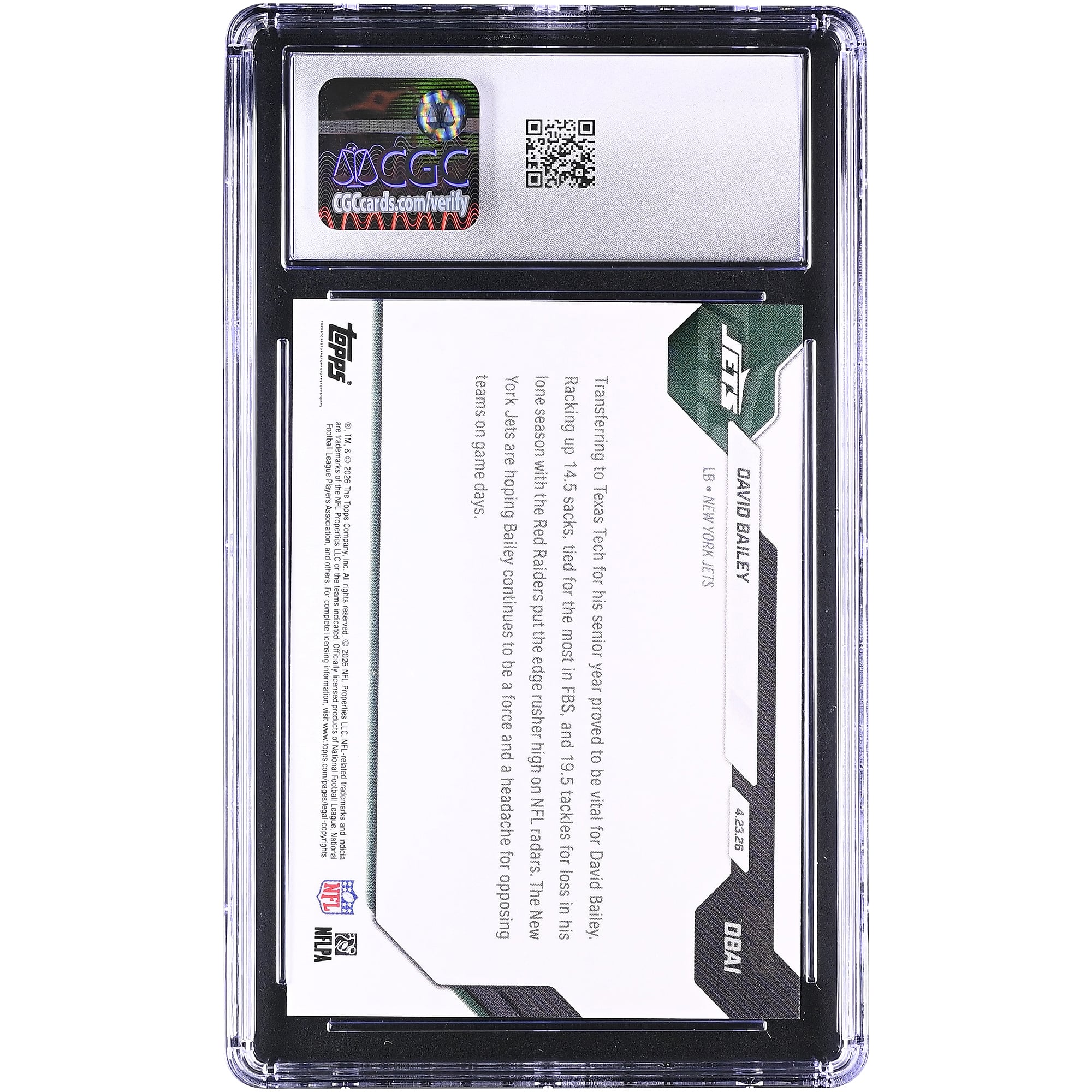 David Bailey New York Jets 2026 Topps Now Jets 2nd Overall '26 NFL Draft Selection #DBAI CGC Authenticated GEM MINT 10 Rookie Card