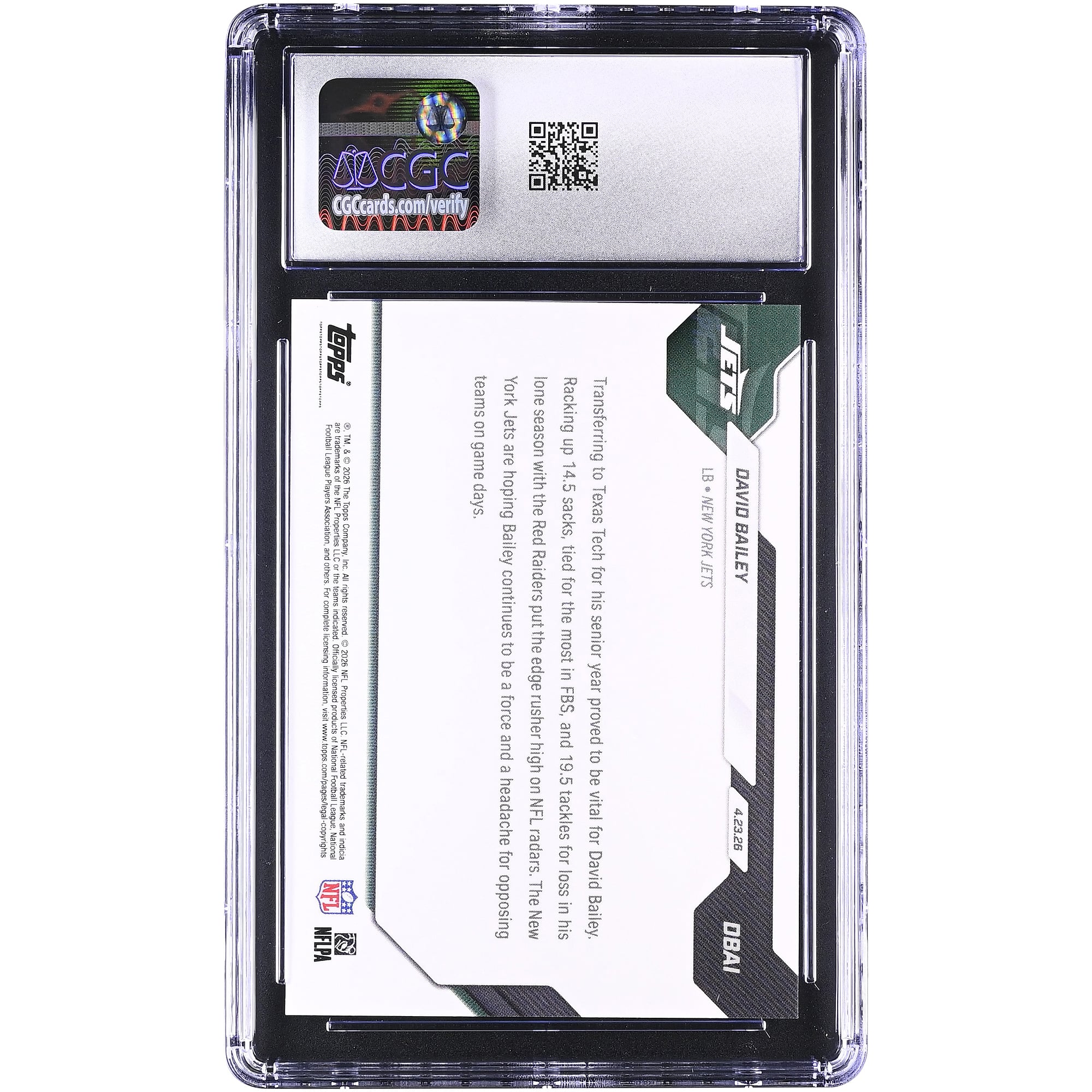 David Bailey New York Jets 2026 Topps Now Jets 2nd Overall '26 NFL Draft Selection #DBAI CGC Authenticated MINT+ 9.5 Rookie Card