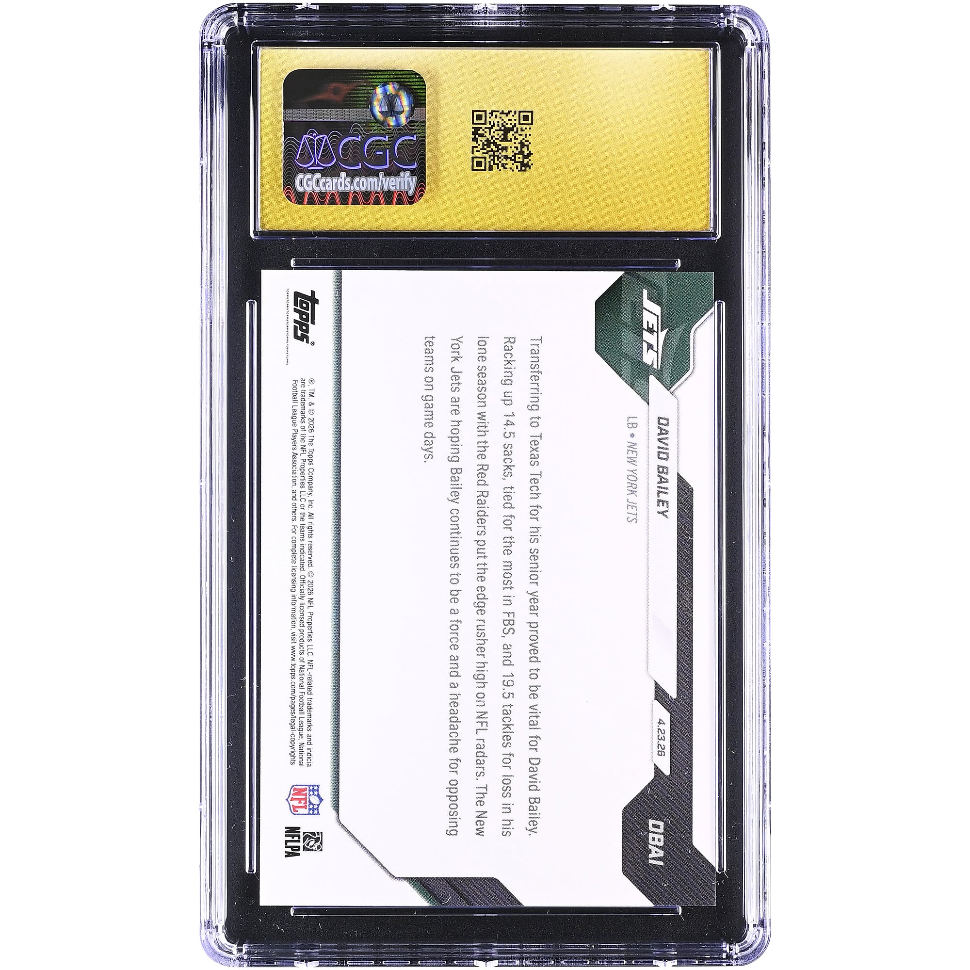 David Bailey New York Jets 2026 Topps Now Jets 2nd Overall '26 NFL Draft Selection #DBAI CGC Authenticated PRISTINE 10 Rookie Card