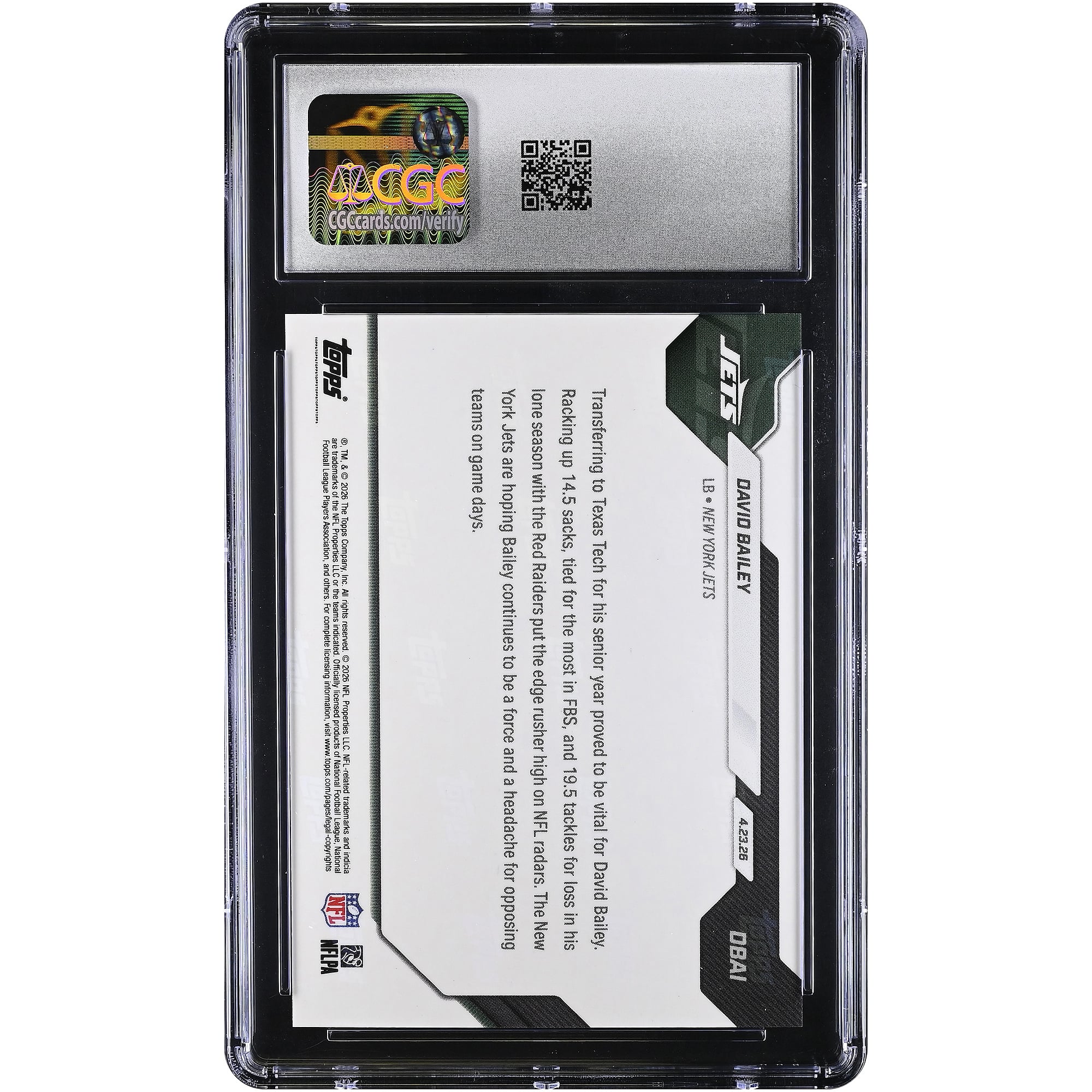 Carte recrue David Bailey, New York Jets, 2e choix au total de la draft NFL 2026, Topps Now Jets, feuille orange, numéro DBAI, numéro /25, authentifiée CGC 9