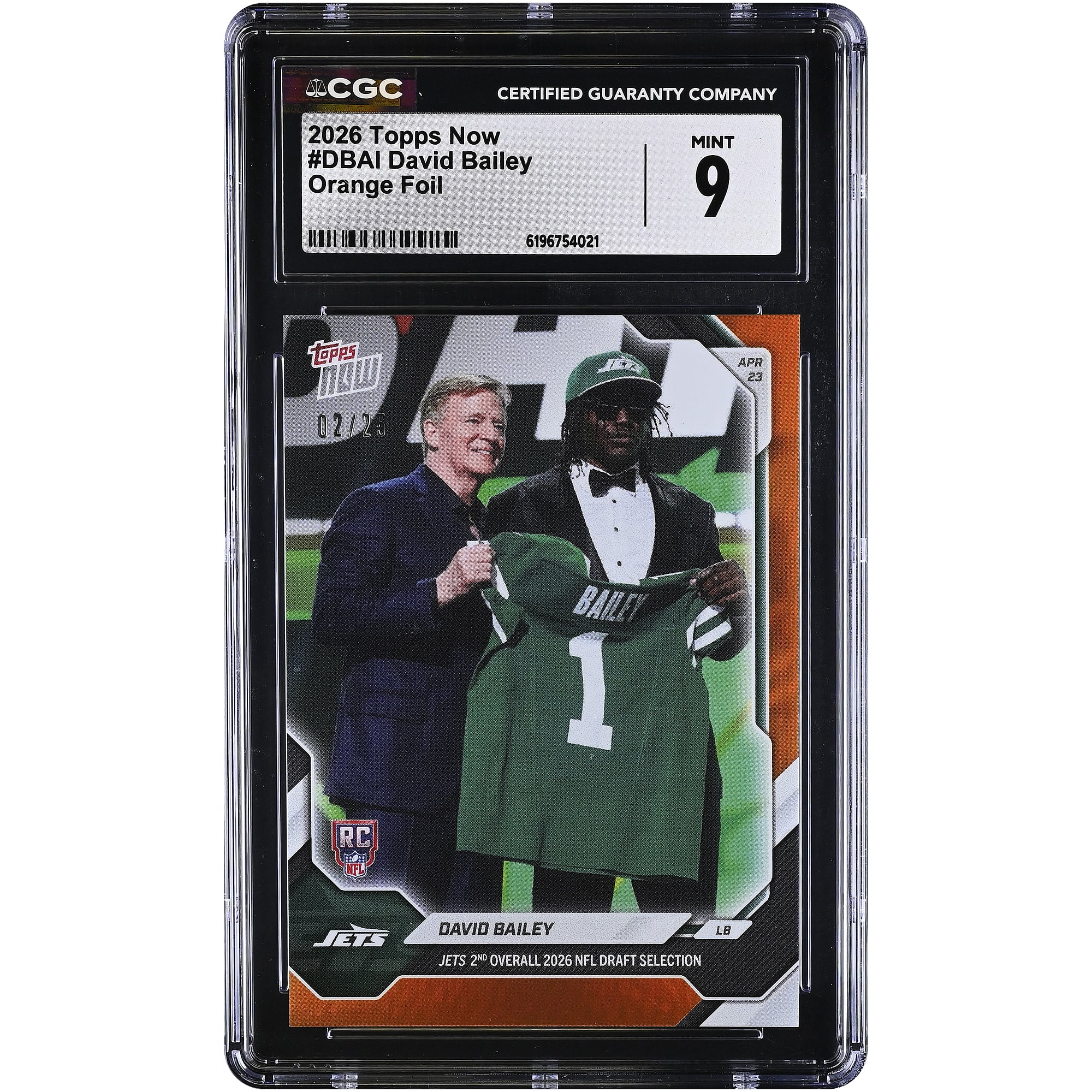 Carte recrue David Bailey, New York Jets, 2e choix au total de la draft NFL 2026, Topps Now Jets, feuille orange, numéro DBAI, numéro /25, authentifiée CGC 9