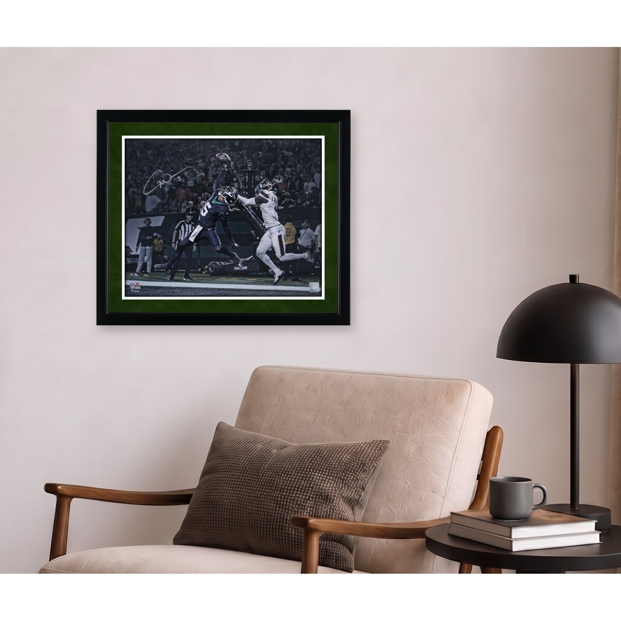 Photo dédicacée de Garrett Wilson (New York Jets) - 40 x 50 cm (16 x 20 pouces) - Réception d'un touchdown en plein saut